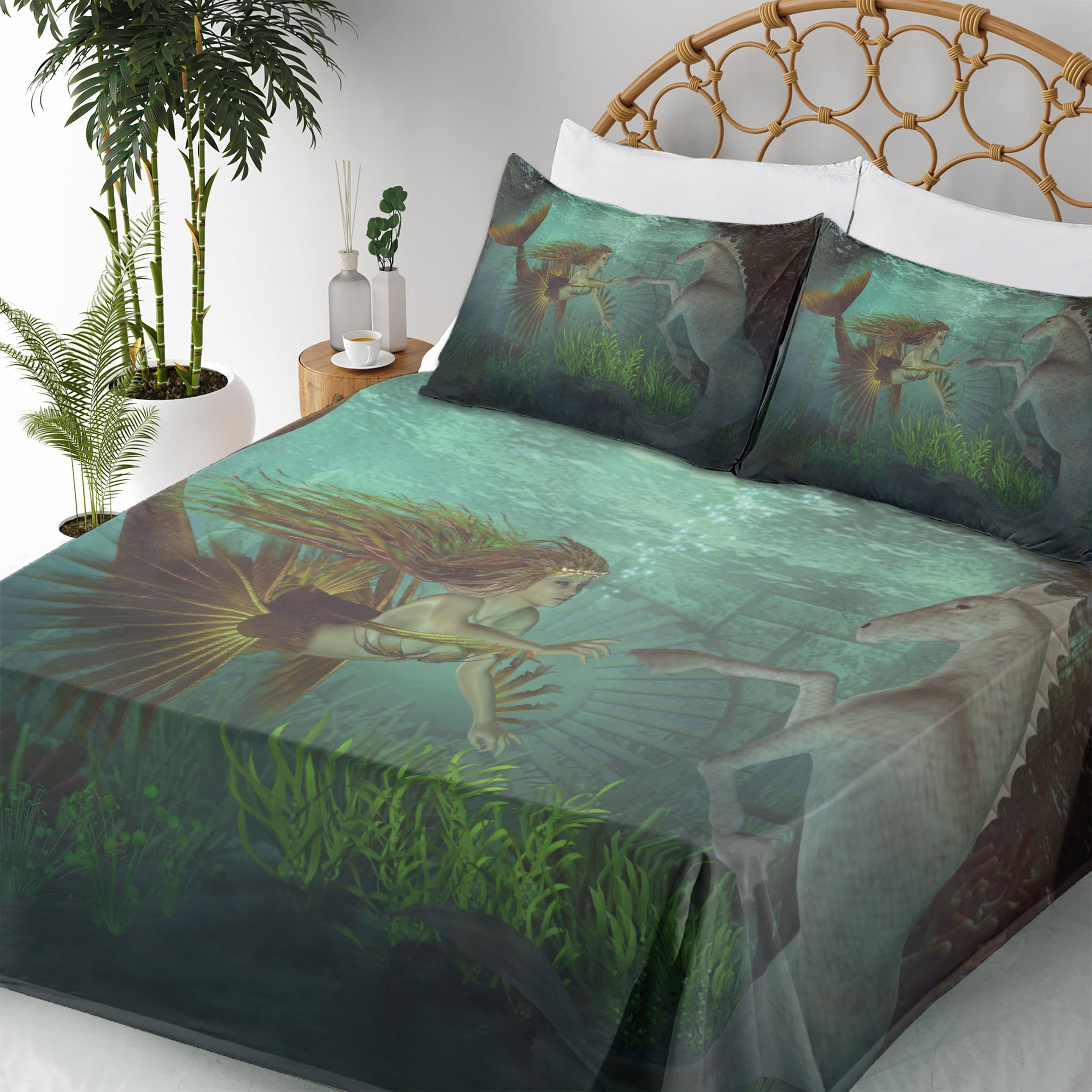 Ambesonne Mermaid Bedding Set 4-Piece - King Size Fitted & Flat Sheets with Pillowcases, Underwater Fantasy Design with Mermaids & Seahorses in Amber Green Aqua - Perfect for Kids' Rooms, Beach Themed Decor, or Fantasy Lovers' Bedrooms