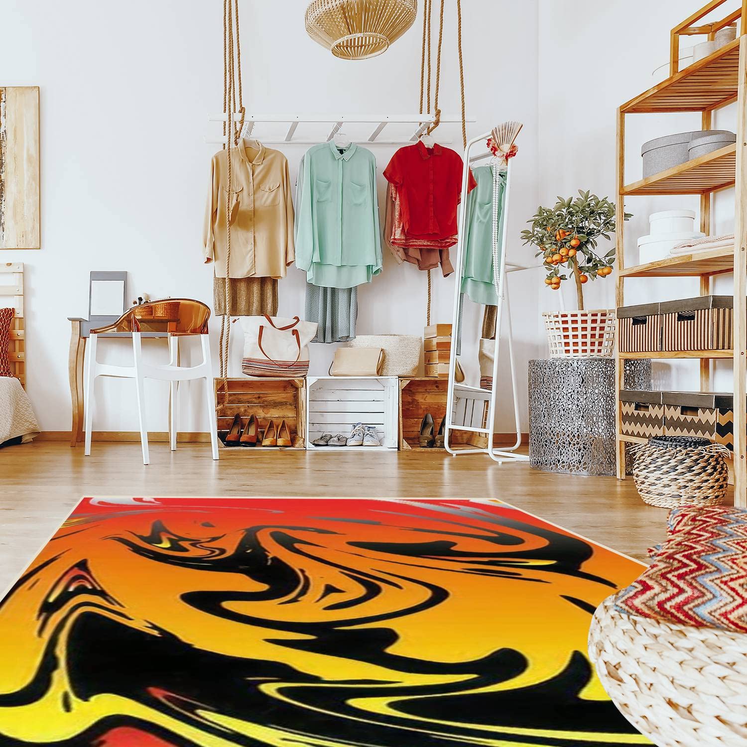Non-Slip Modern Abstract Tie Dye Area Rug - Red, Yellow & Orange Stain Resistant Carpet for Living Room, Bedroom Decor | Indoor/Outdoor Home Mat Perfect for High-Traffic Areas & Cozy Spaces