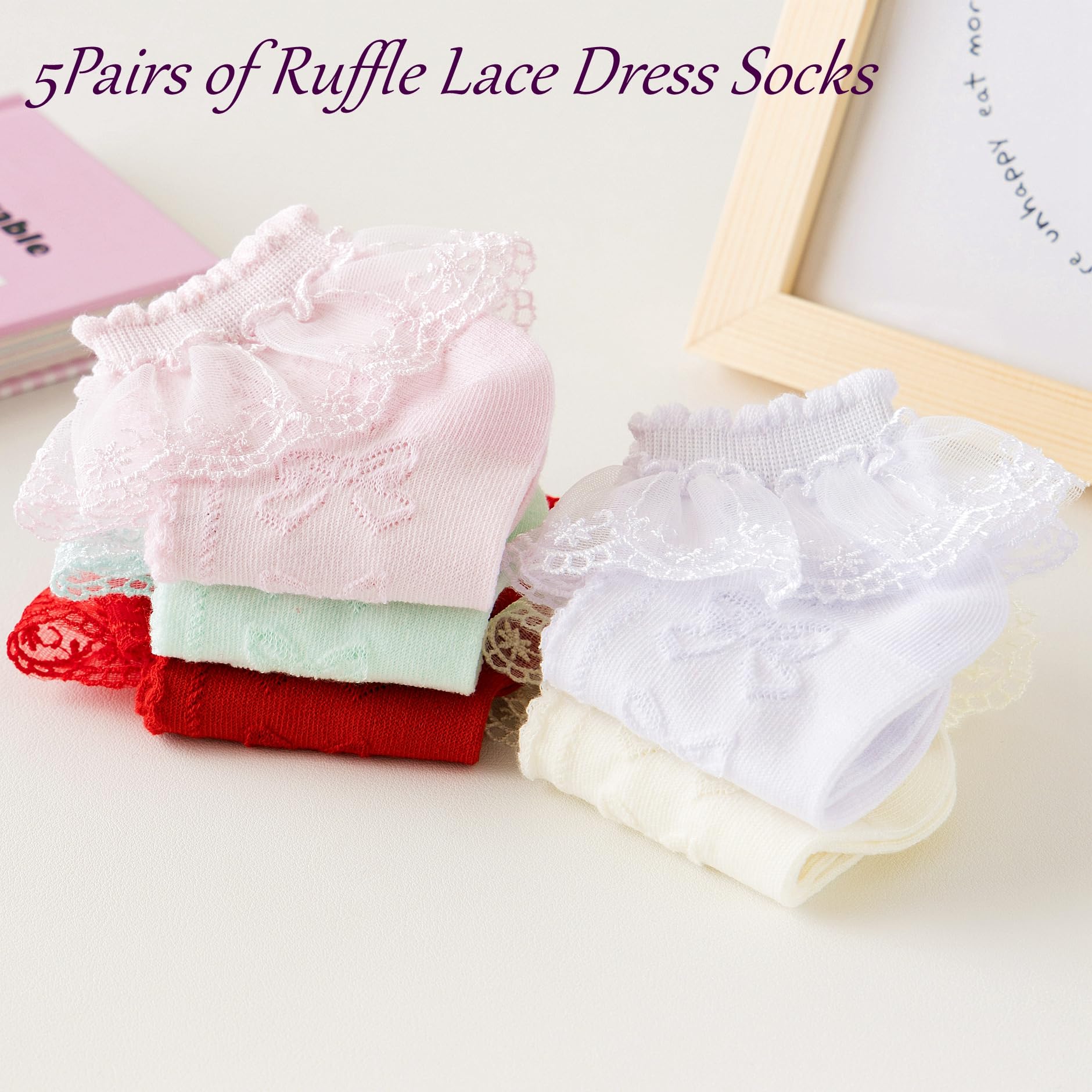 5 Pairs Girls Mesh Ruffle Lace Trim Cotton Ankle Socks - Princess Style Frilly Dress Socks for Toddler Girls - Perfect for Parties, School & Special Occasions