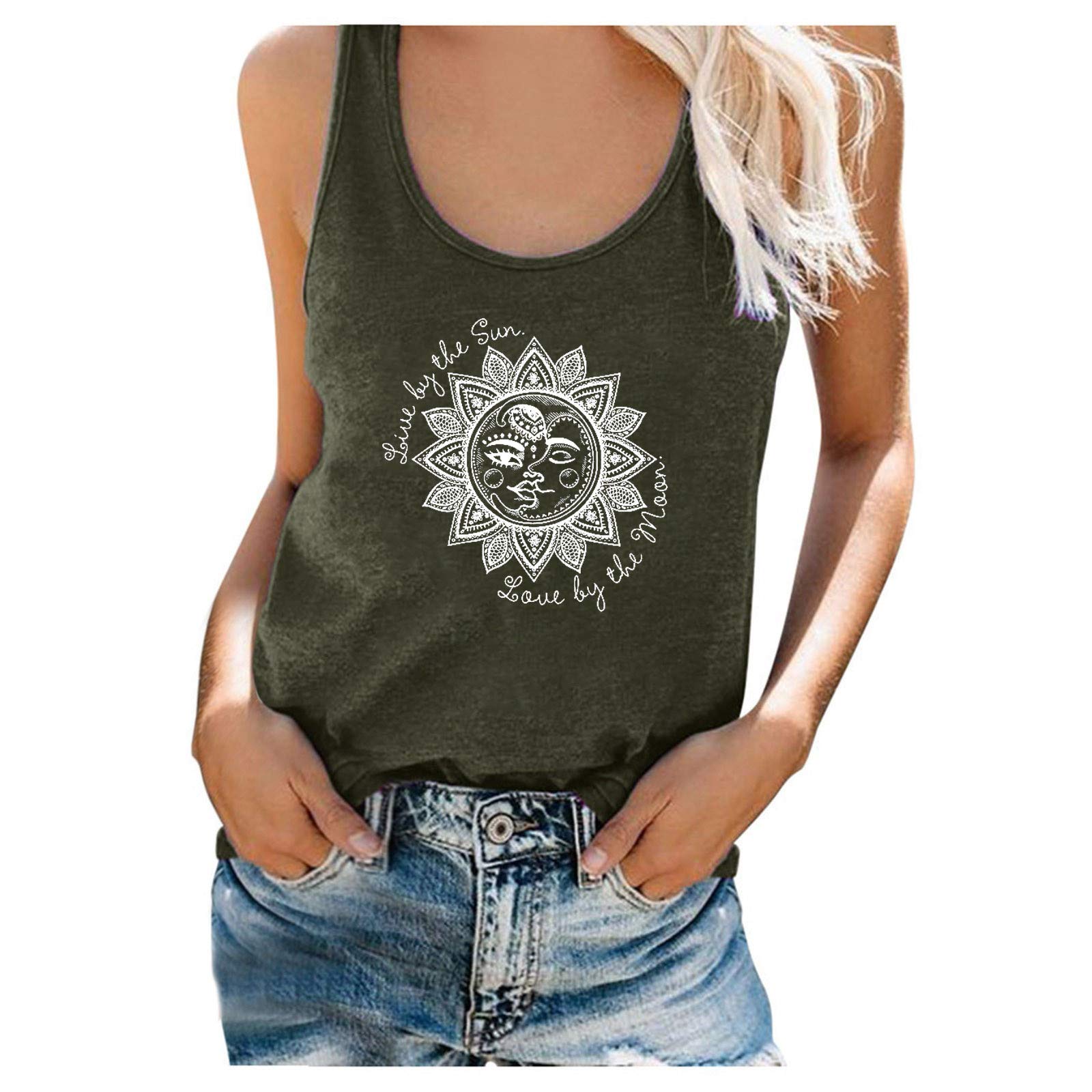 FABIURT Women's Fashion Cute Sun Printed Summer Tank Tops - Casual Sleeveless Loose Vest Shirt for Beach, Vacation & Outdoor Activities