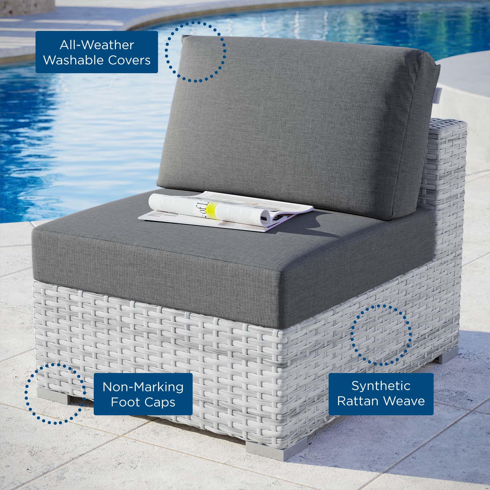Comfortable Convene Outdoor Patio Armless Chair - Waterproof & Durable for Garden, Poolside, and Backyard Relaxation
