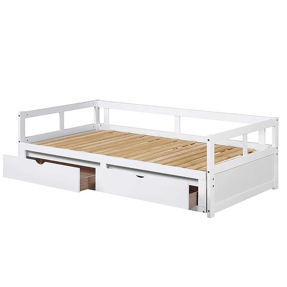 Twin Size Wooden Daybed with Trundle & 2 Storage Drawers - Convertible Sofa Bed, Extendable Guest Bed, Easy Assembly (White) - Perfect for Small Spaces, Guest Rooms & Dorm Rooms
