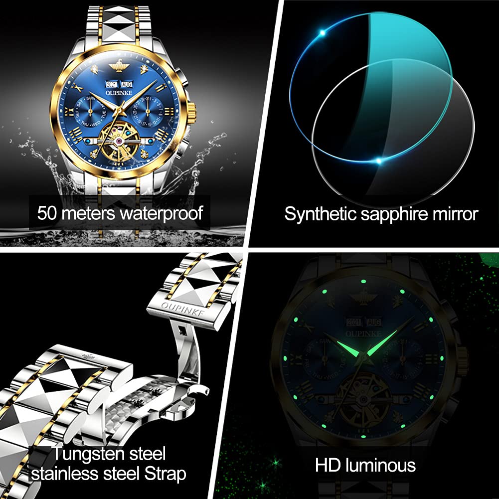 OLEVS Automatic Skeleton Men's Luxury Watch - Mechanical Self-Winding Sapphire Crystal Tungsten Steel Wristwatch - 50M Waterproof & Luminous - No Battery Needed - Perfect for Business, Formal Events & Everyday Wear