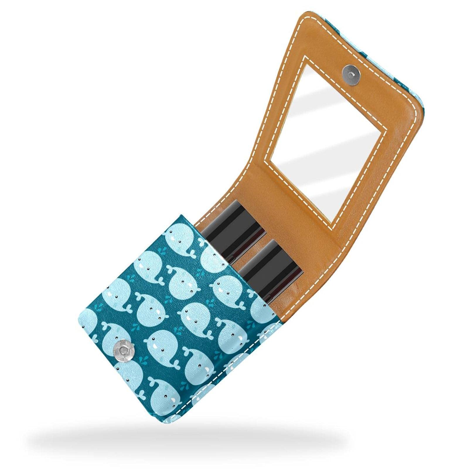 Whale Print Portable Lipstick Holder with Mirror - Cute Mini Makeup Organizer for Women (Holds 3 Lipsticks) - Perfect for Travel, Purse & On-the-Go Touch Ups