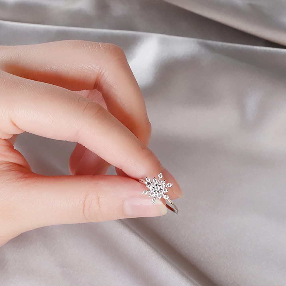 Christmas Snowflake Open Band Rings for Women - Cubic Zirconia Spinner Rings for Anxiety Relief, Adjustable Stackable Fashion Jewelry - Perfect Birthday, Xmas Gifts & Stress Relief Accessories for Daily Wear