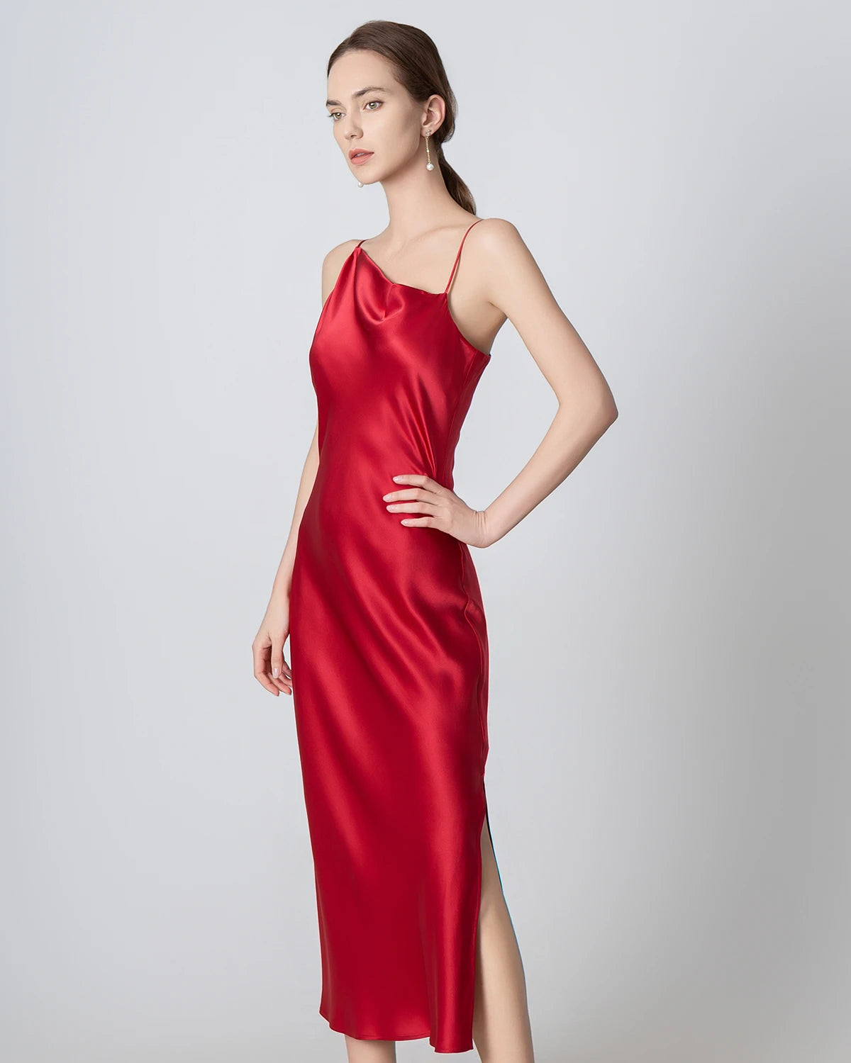 Elegant Slit Cowl Neck Midi Silk Dress for Women | Luxury Satin Evening Gown | Perfect for Cocktail Parties, Date Nights & Formal Events