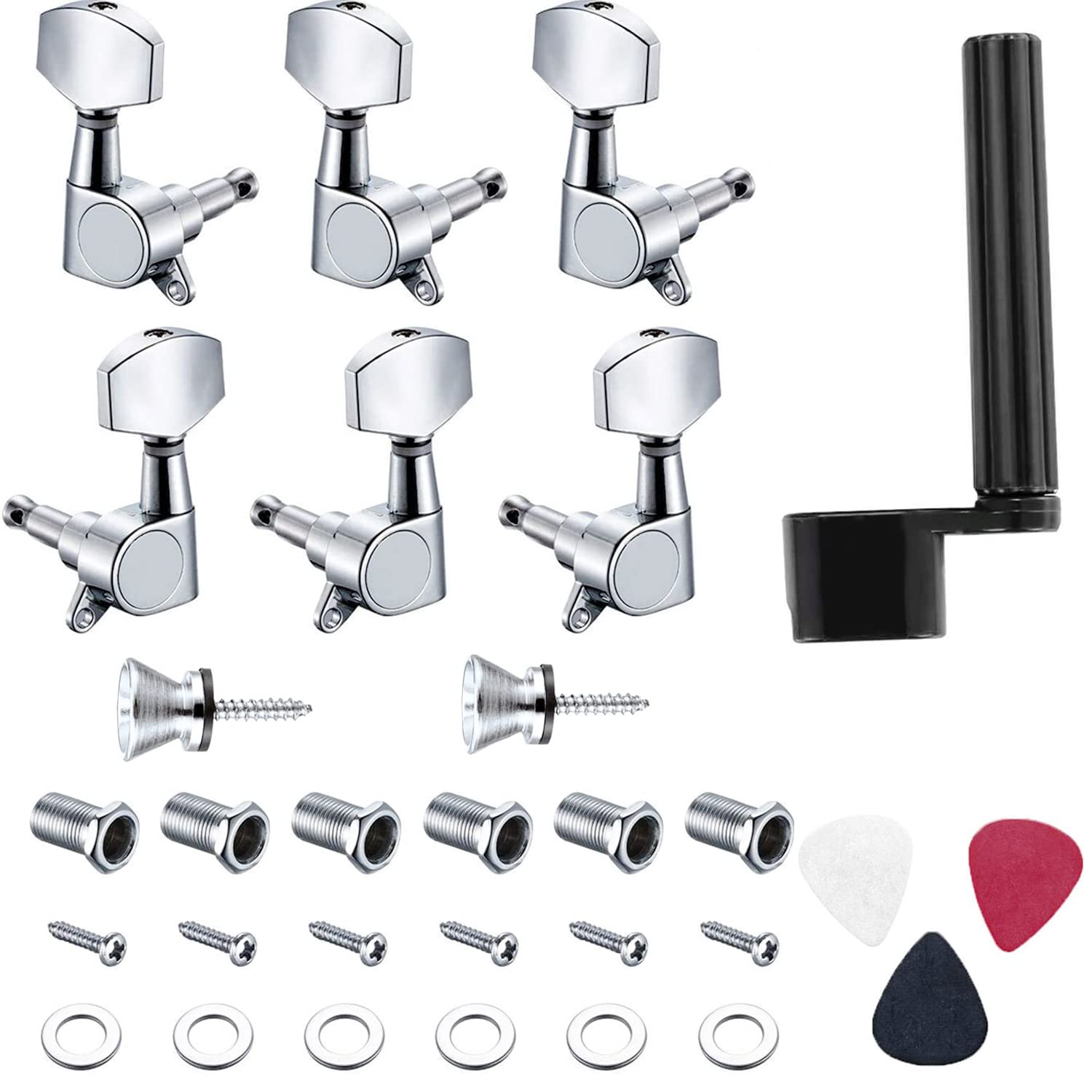 Canomo 6-Piece Sealed Guitar Tuning Pegs Set - 3 Left & 3 Right Machine Heads with Strap Buttons, Locks, Picks & String Winder for Electric/Acoustic Guitar (Silver) - Perfect for Guitar Maintenance, String Replacement & On-Stage Tuning