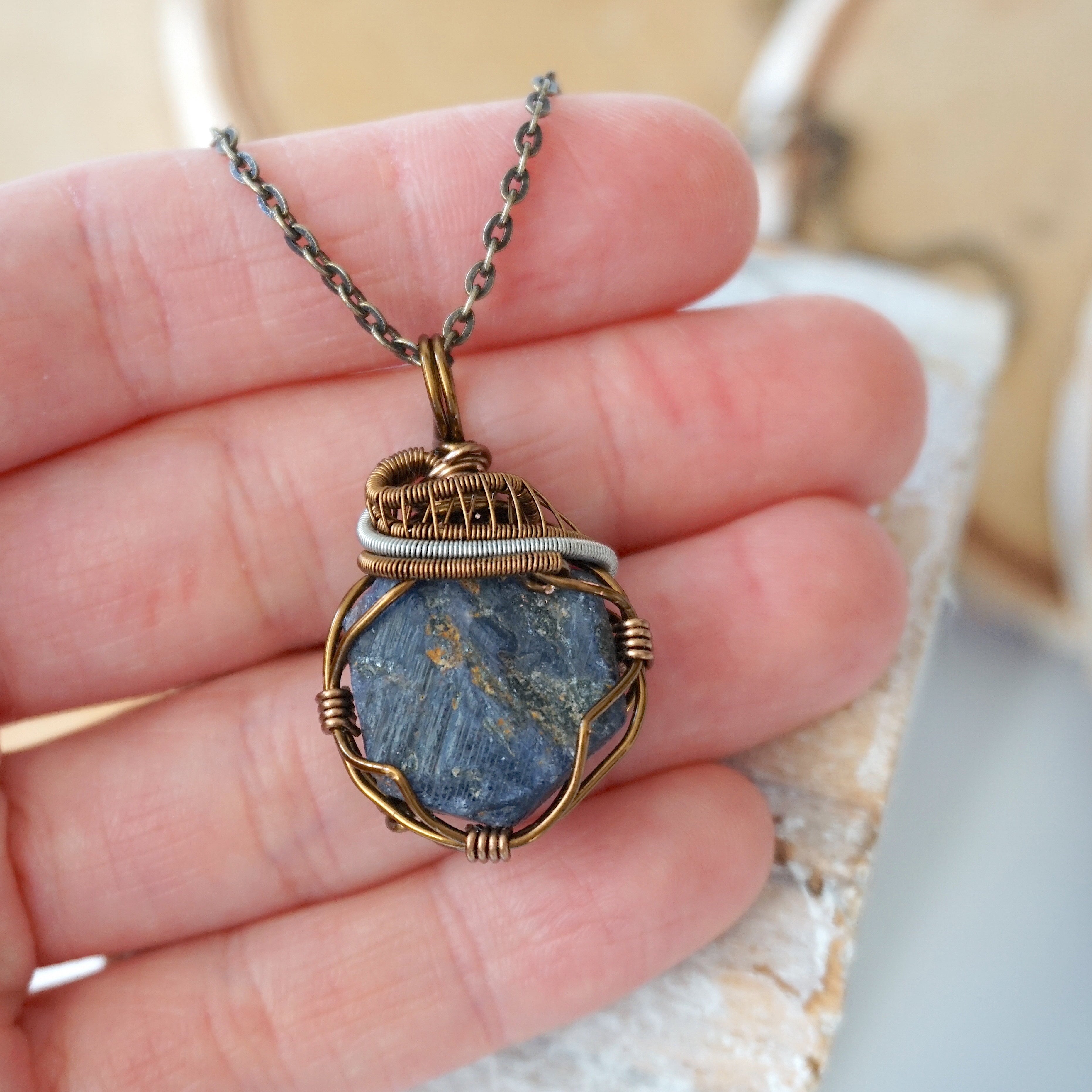 Raw Sapphire Necklace - Handcrafted Mixed Wire Antique Bronze Jewelry for Women | Boho Chic Pendant for Everyday Wear & Special Occasions
