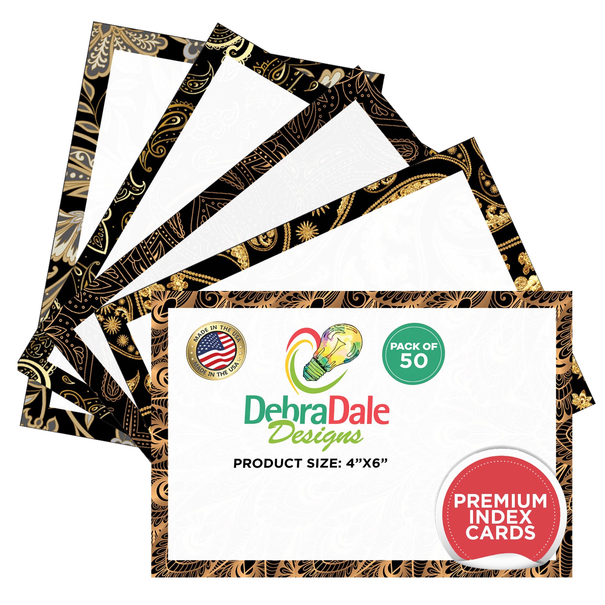 50-Pack Black & Gold Blank Index Cards 4x6 Inches - Premium Cardstock with 5 Elegant Patterns - Made in USA - Perfect for Study Notes, Recipe Cards & Gift Tags
