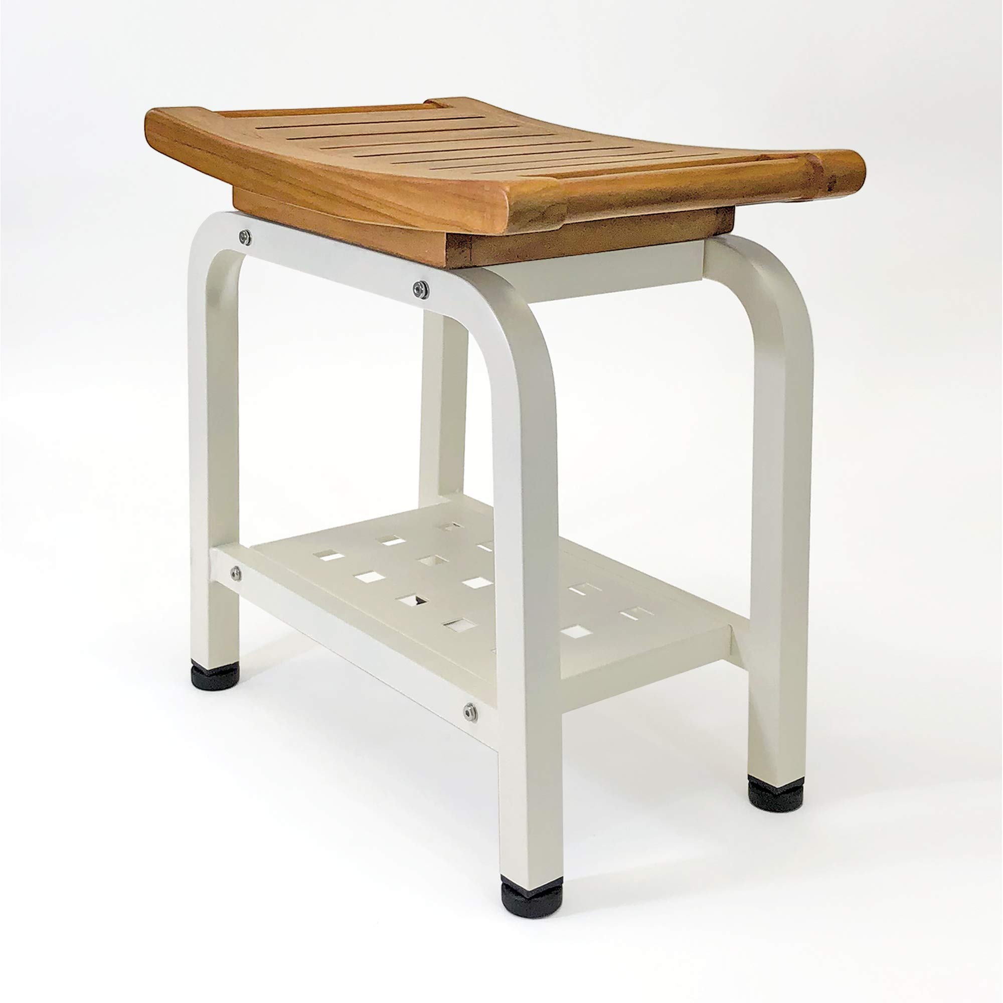 Premium Teak & Aluminum Shower Bench with Storage Shelf - Adjustable TPR Feet for Indoor/Outdoor Use - Spa, Bathroom & Patio Seating Solution - Anthology Spa Collection B104/BGE (Light Beige) - Perfect for Relaxing in Shower, Sauna or Poolside Lounge