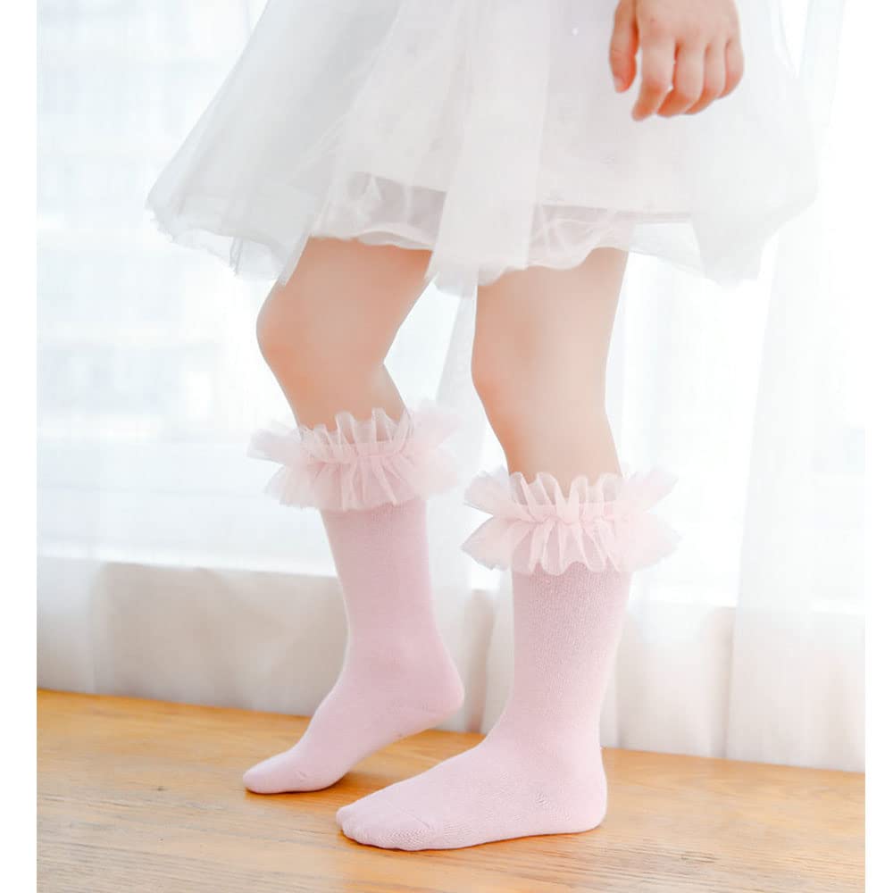 5 Pack Baby Girls High Knee Socks - Soft Tulle Frilly Stockings for Infants & Toddlers - Princess Ruffle Long Socks for Dress Up, Parties & Special Occasions