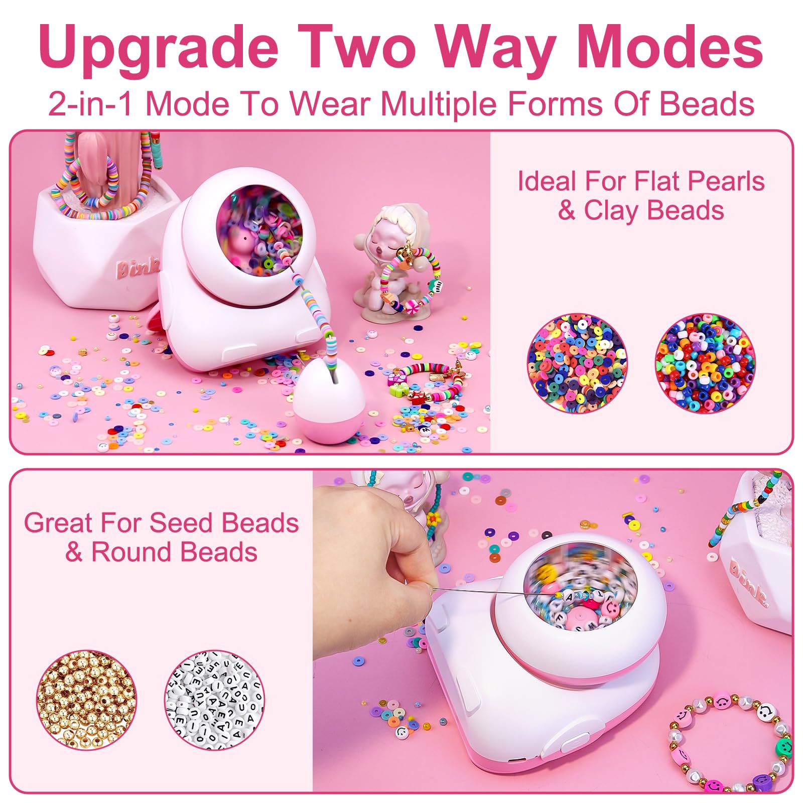 2-in-1 Cordless Electric Bead Spinner for Jewelry Making - Clay & Seed Bead Spinner Tool for Bracelets, Necklaces & DIY Crafts (Pink, Includes Beads) - Perfect for Jewelry Artists, Hobbyists & Gift Making