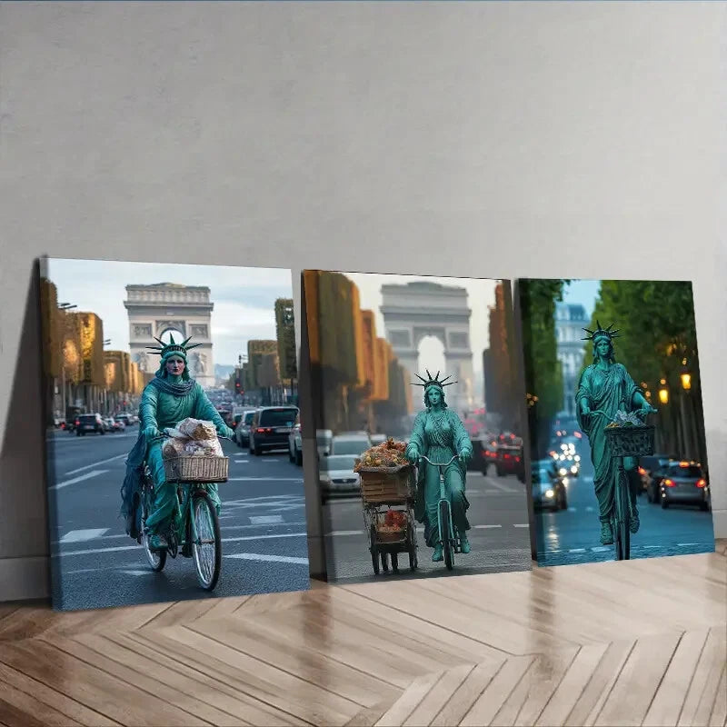 3-Piece Goddess Cycling in the Streets Wall Art Set - Framed Canvas 40x60cm - High Quality Print - 100% Australian Made - Ready to Hang - Perfect for Living Room, Bedroom & Office Decor