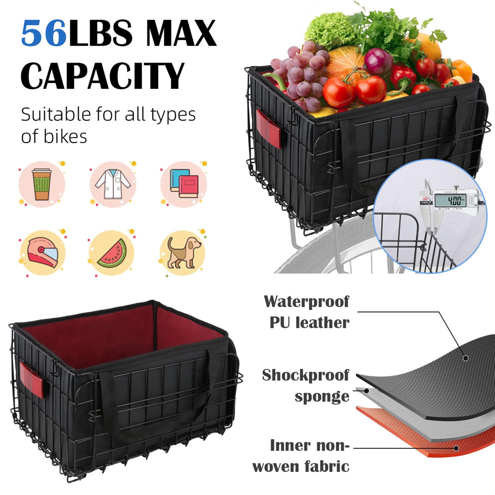 Foldable Rear Bike Basket with Removable Waterproof Liner - Quick Release Cargo Rack for Bicycles - Perfect for Carrying Pets, Groceries & Essentials - Ideal for Commuting, Shopping & Outdoor Adventures