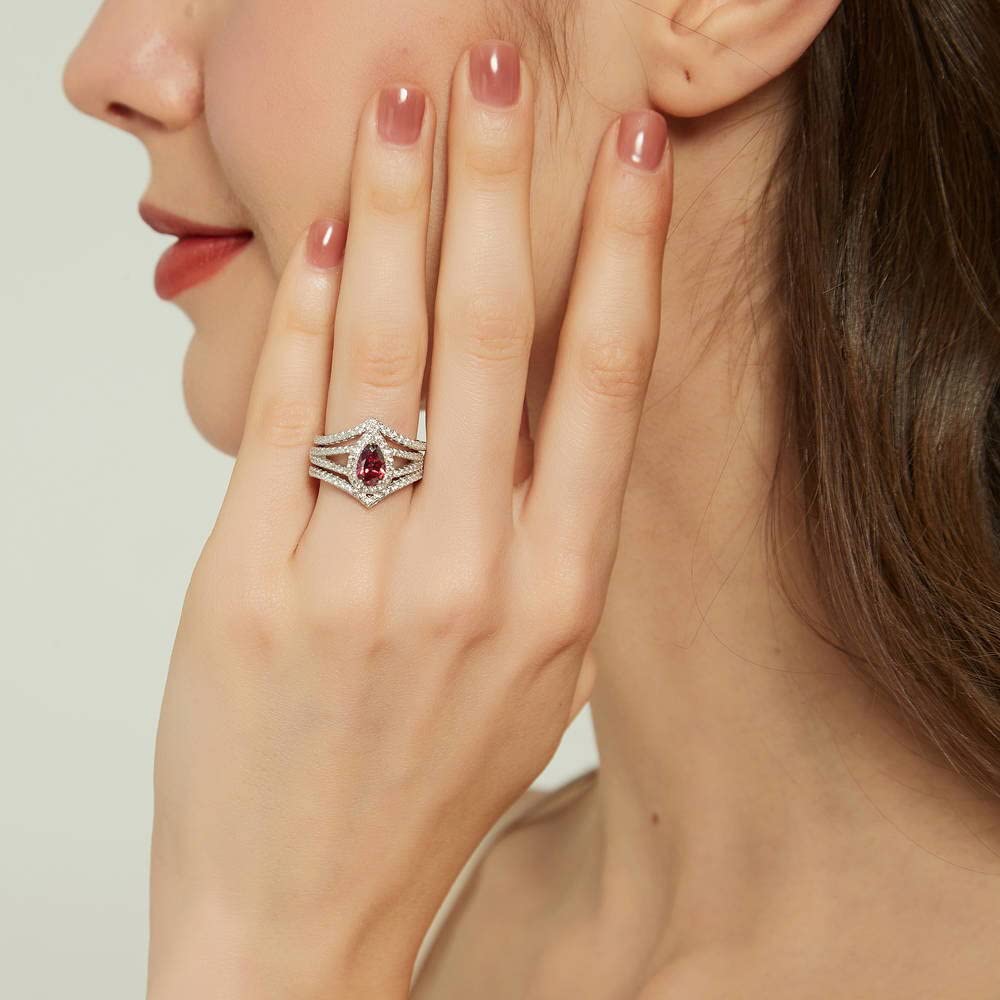 BERRICLE Sterling Silver Halo Wedding Engagement Ring Set for Women - Red Pear Cut Cubic Zirconia CZ Wishbone Split Shank, Rhodium Plated Size 4-10 | Elegant Bridal Jewelry for Proposals, Anniversaries & Special Occasions