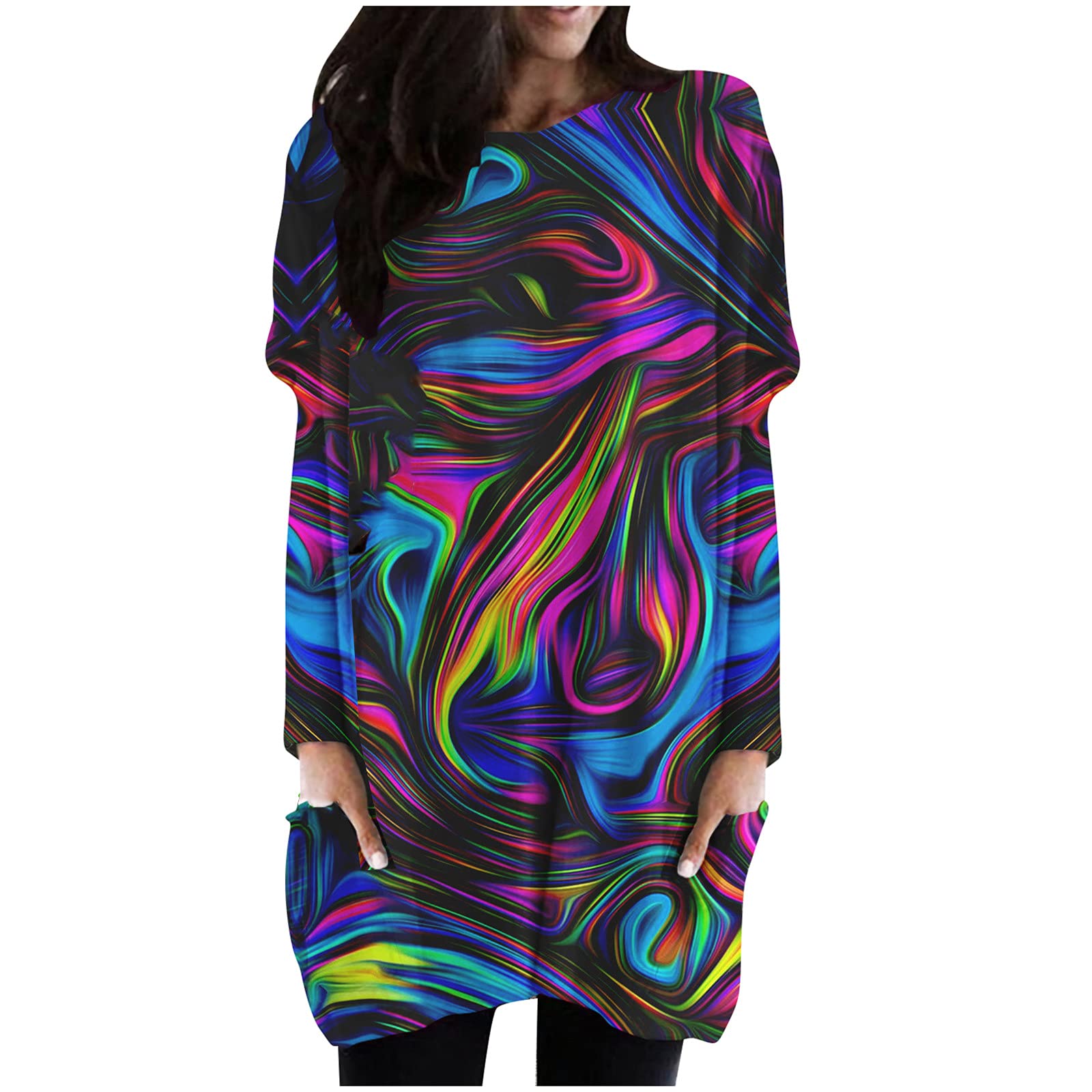 Reasoncool Women's Halloween Printed Round Neck Long Sleeve Pullover Dress with Pockets - Casual Loose Fit Tunic for Fall Parties, Cosplay & Everyday Wear
