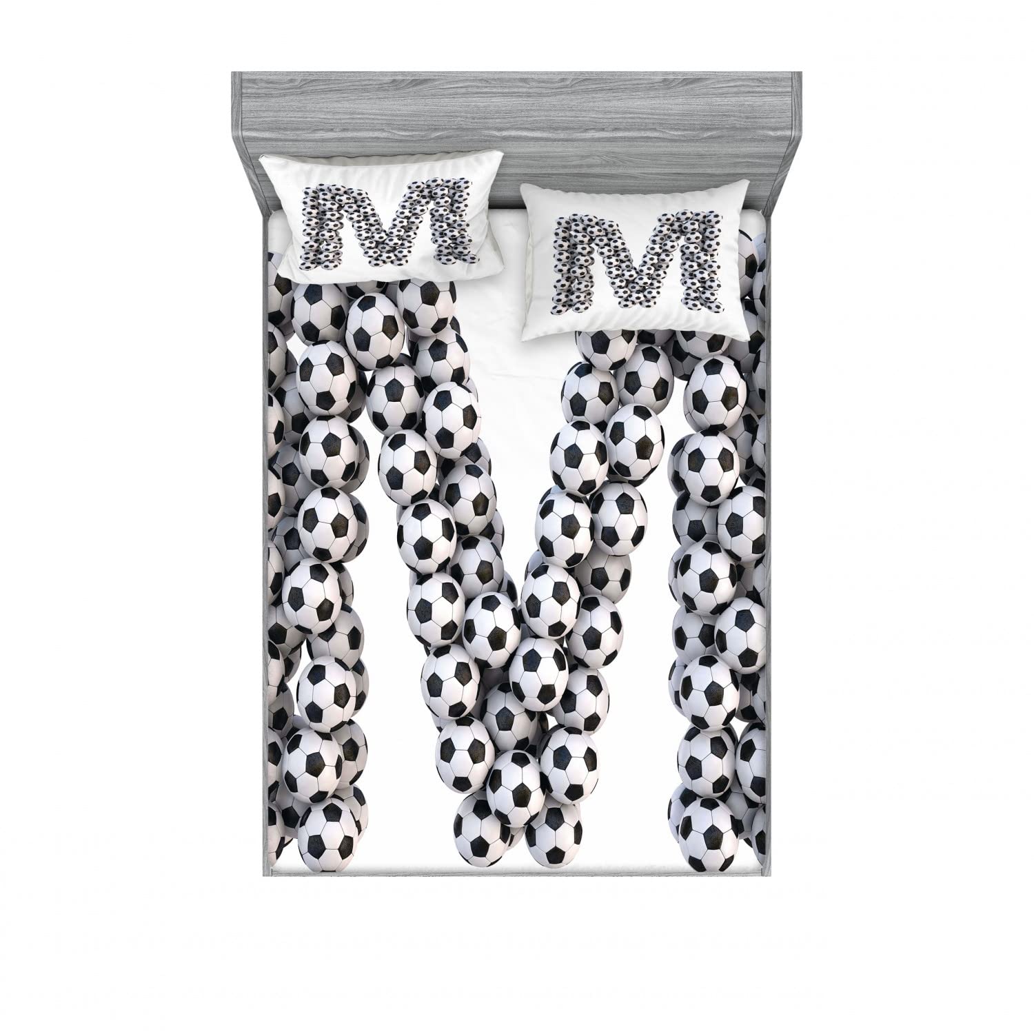 Ambesonne 2-Pack Full Size Fitted Sheet & Pillow Sham Set - Soccer Ball Design in White & Charcoal Grey | 4-Piece Bedding Decor for Sports Lovers | Perfect for Kids' Rooms, Dorm Decor, and Soccer Themed Bedrooms