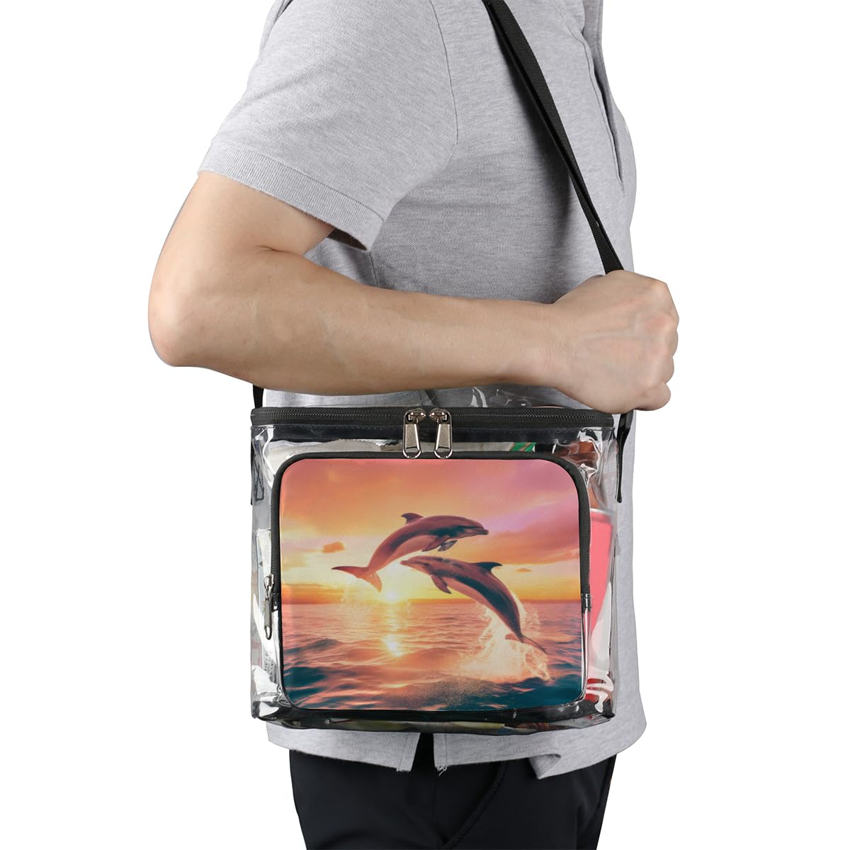 Dolphin Print Clear Tote Bag with Handles - Transparent Crossbody Shoulder Beach Bag for Lunch, Outdoor, Travel, Picnic, Concerts & Sports Events | Stadium Approved Waterproof PVC Bag for Women & Kids | Perfect for Beach Days, Pool Parties & Summer Outings