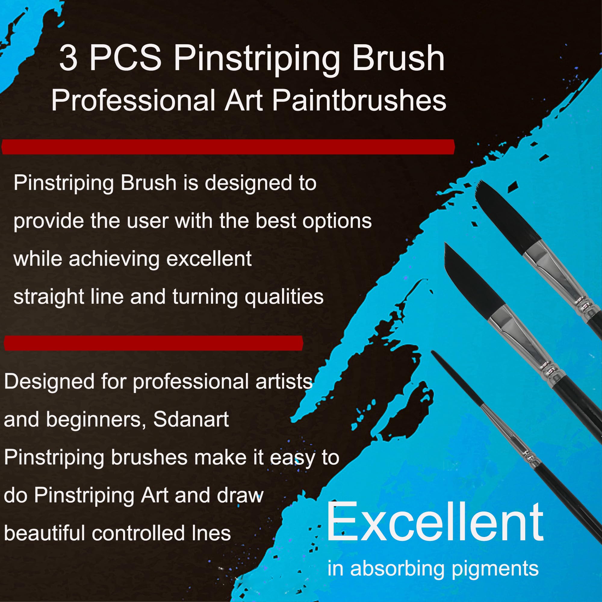 3-Piece Pinstriping Brush Set - High Performance Art Brushes for Professional Painting & Detailing