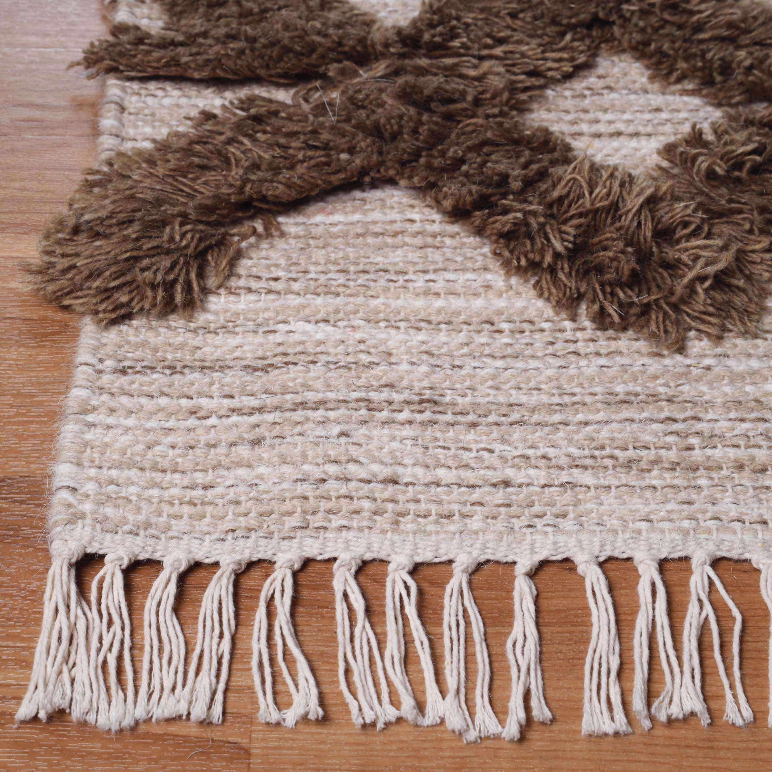 Bohemian Wool Geometric Medallion Fringe Rug - Handmade Indoor Area Carpet or Runner for Living Room, Bedroom & Boho Home Decor