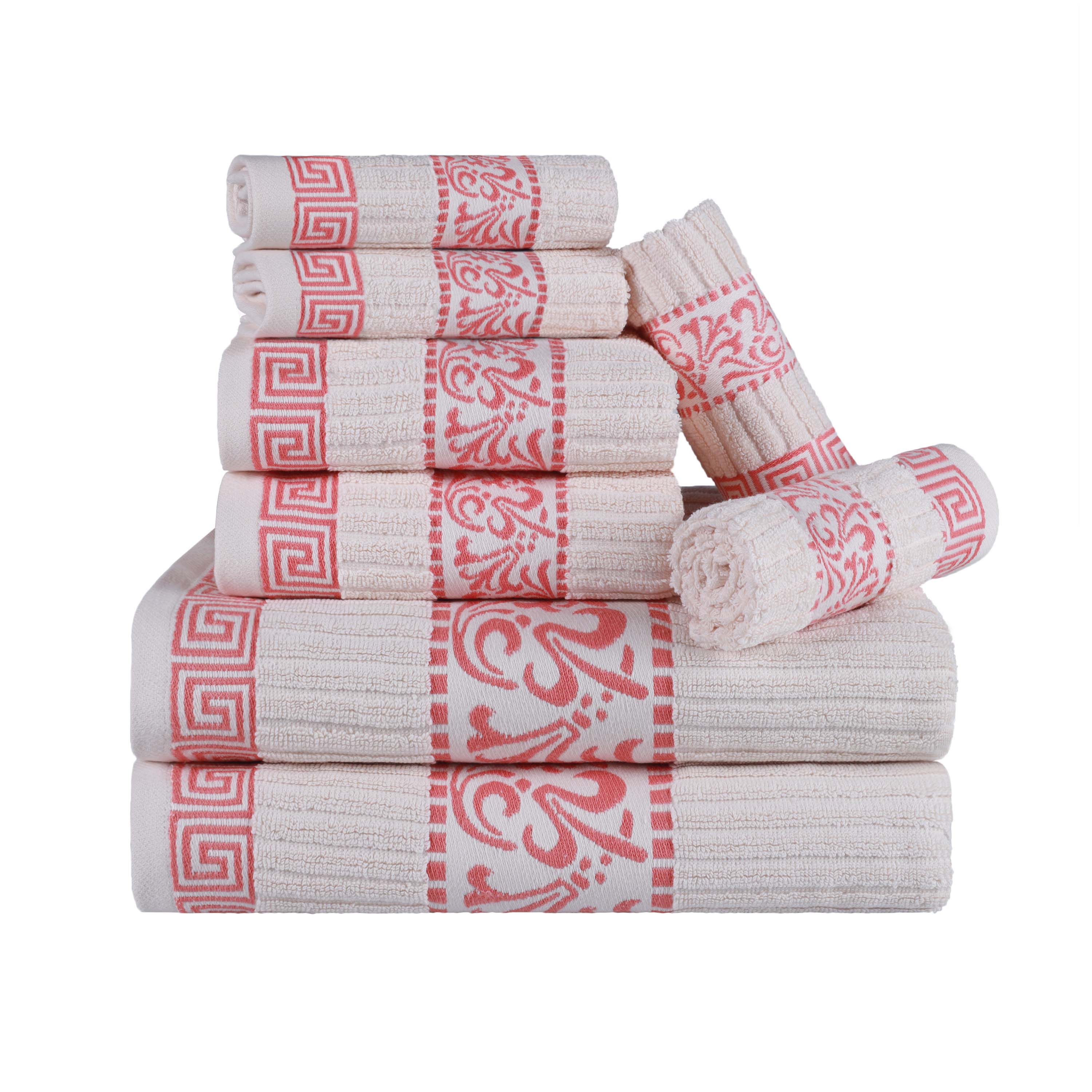 Premium 8-Piece Cotton Towel Set with Greek Scroll & Floral Design - Soft Bath Towels, Hand Towels & Washcloths - Perfect for Bathroom, Spa & Luxury Home Decor