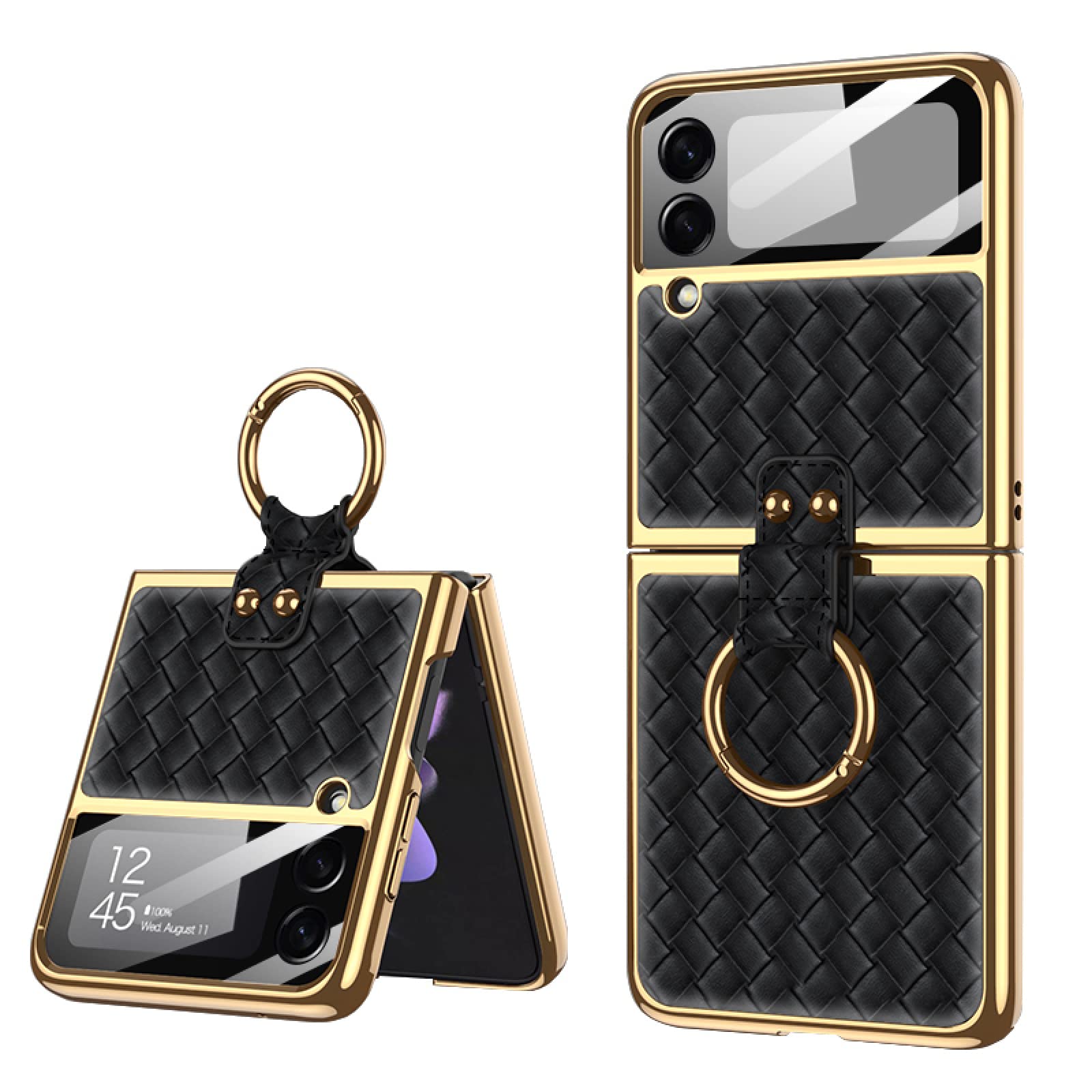 Premium Woven Leather Case for Samsung Galaxy Z Flip 3 | Electroplating Ring Design | Slim Protective Cover for Women | Perfect for Work, Travel & Everyday Use