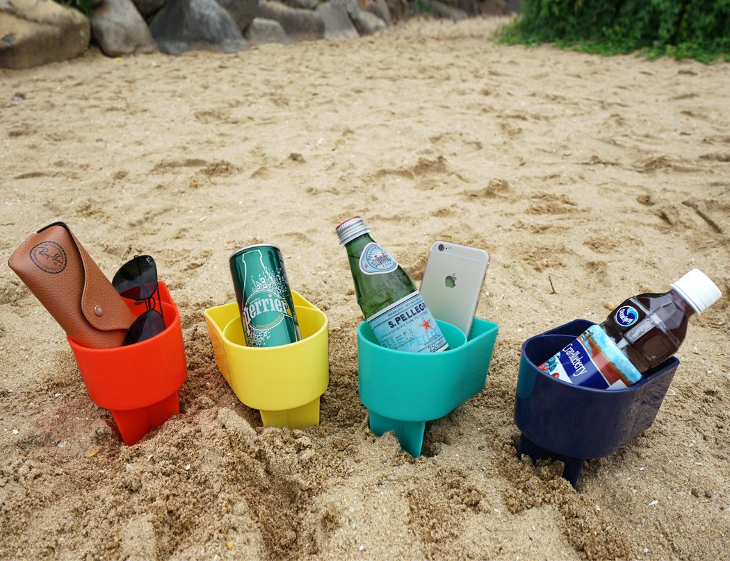 Home Queen Premium Beach Cup Holder with Storage Pocket - Multifunctional Sand Drink Holder for Beverages, Sunglasses, Phone & Keys - Durable Beach Accessories Set of 8 - Perfect for Poolside, Picnics & Outdoor Adventures