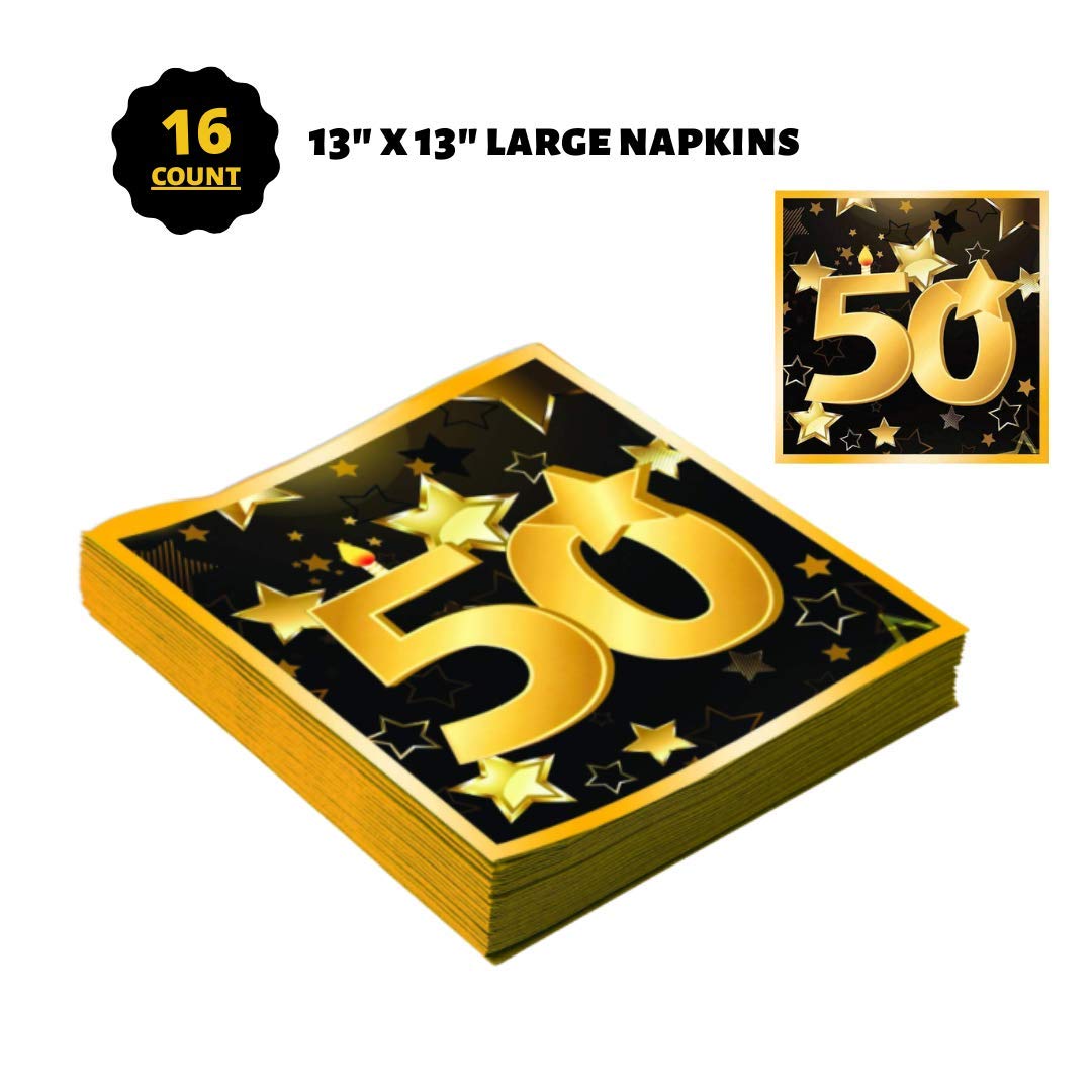 50th Birthday Party Decorations & Tableware Kit for 16 Guests - Gold & Black Theme Party Supplies Set for Anniversary Celebration, Retirement Party, Milestone Event Decor