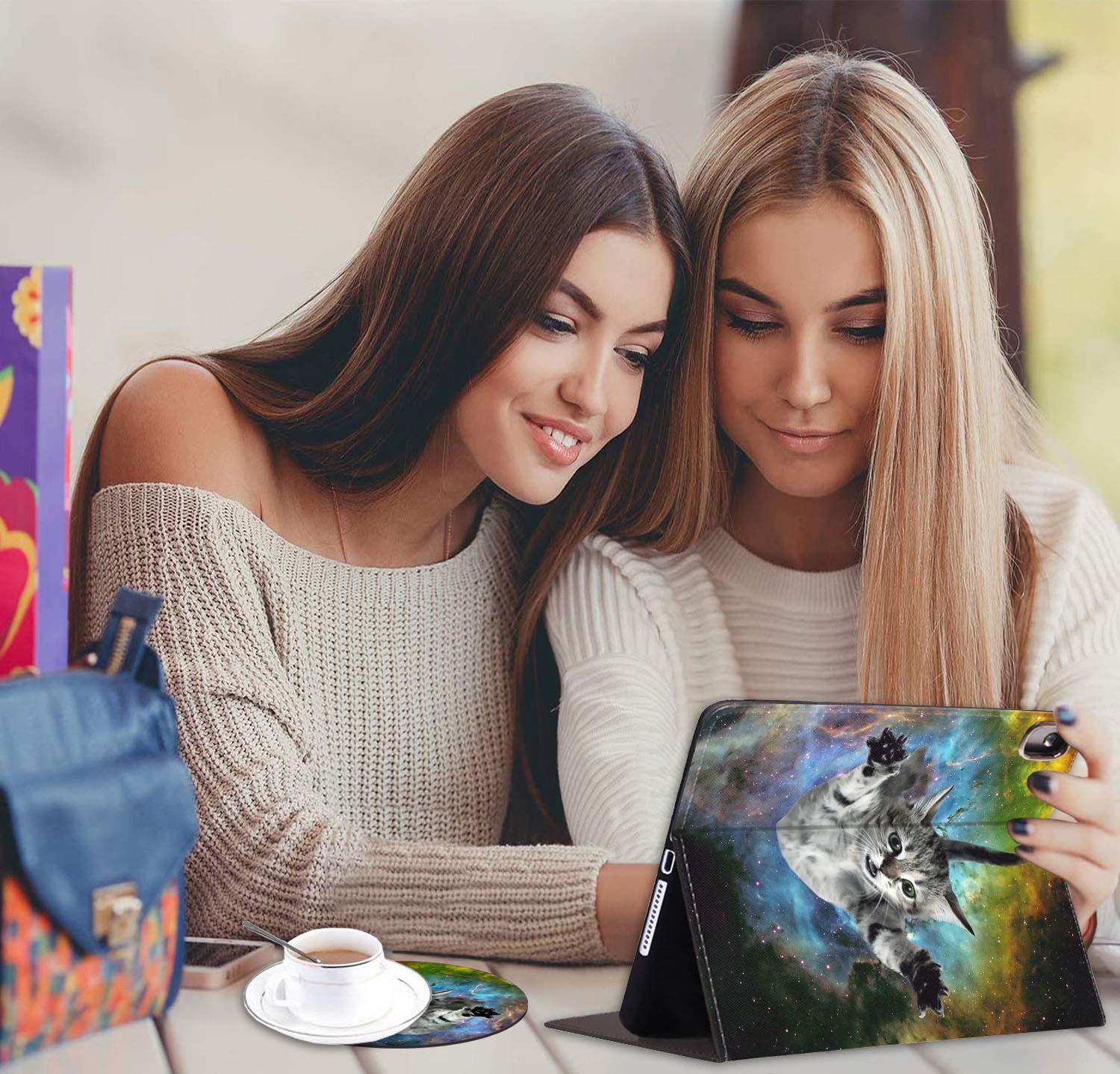 Premium Multi-Angle Folio Stand Case with Auto Wake/Sleep for Apple iPad 6th/5th Gen (2018/2017) & iPad Air/Air 2 - Galaxy Flying Cat Design - Perfect for Work, Study & Travel Protection (Includes Coasters)