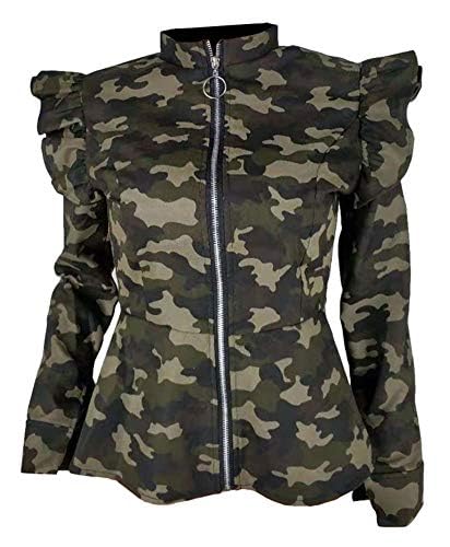 LifeShe Women's Camouflage Denim Jacket with Ruffle Sleeves & Peplum Style - Stylish Zip-Up Blazer for Casual Outings, Work Wear & Date Nights