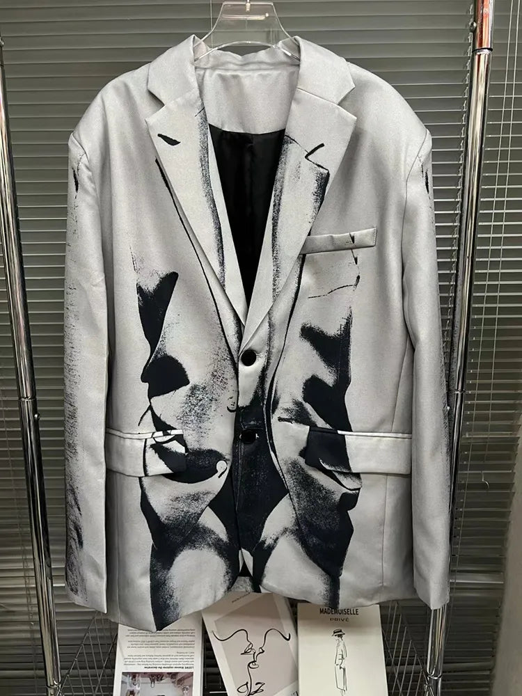 Stylish Abstract Print Blazer for Women - Notched Collar Long Sleeve Patchwork Button Jacket | Office Wear, Business Casual & Evening Outfits