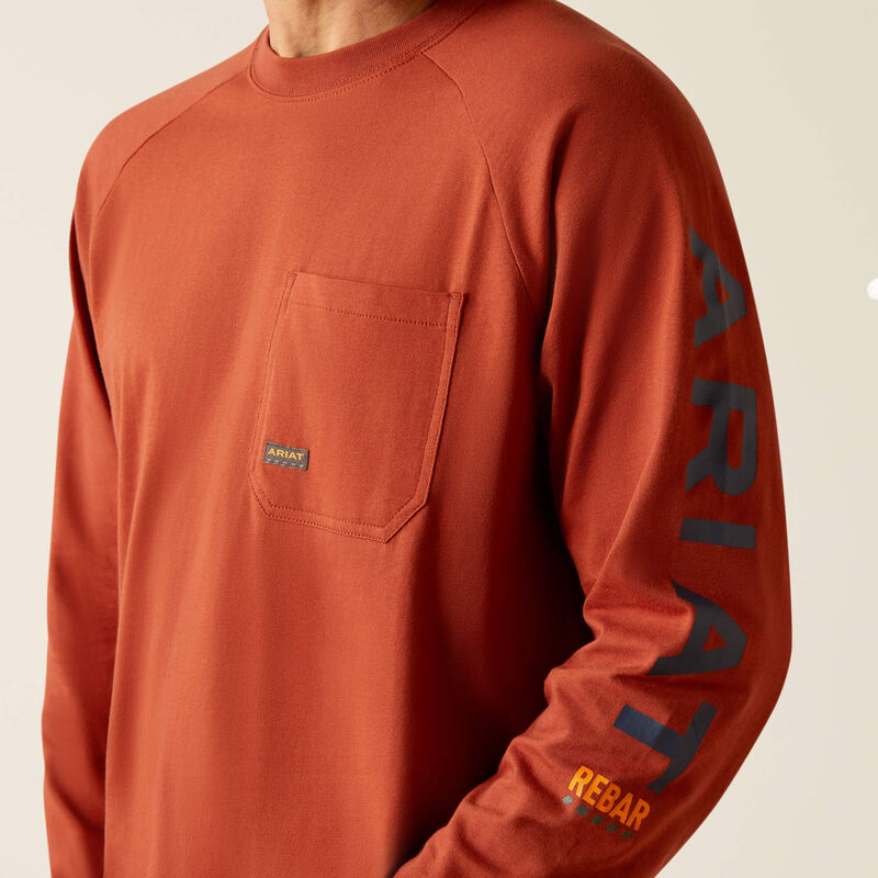 Rebar Cotton Strong Graphic T-Shirt Long Sleeve - Burnt Henna/Baritone Blue | Durable Casual Wear for Men, Street Style Fashion, Everyday Comfort