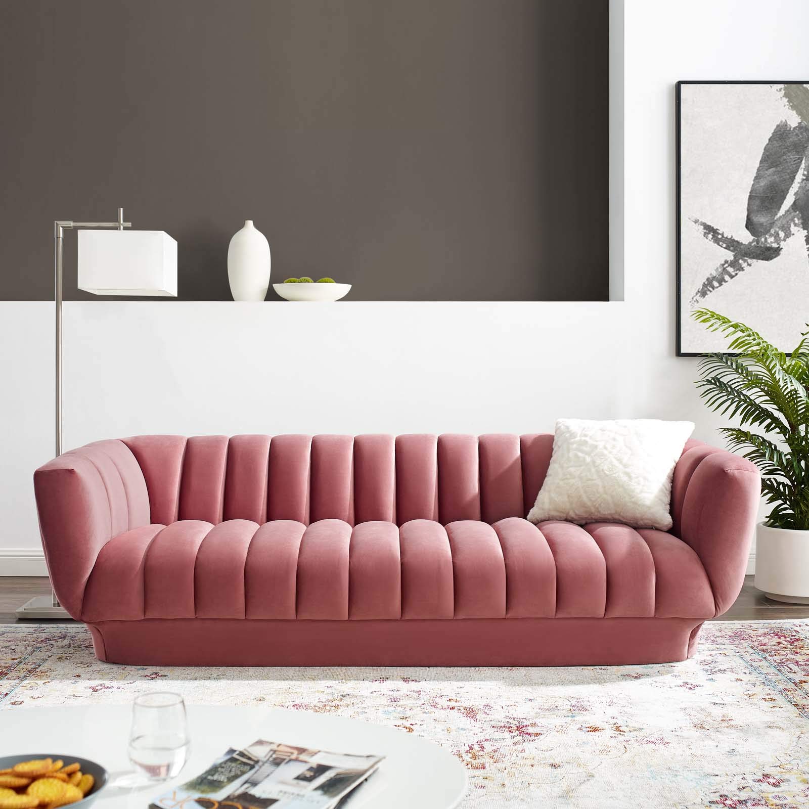 Modway Entertain Vertical Channel Tufted Performance Velvet Sofa - Luxurious Dusty Rose Velvet Couch for Living Room, Lounge & Home Theater Seating - Perfect for Modern Apartments & Cozy Family Gatherings