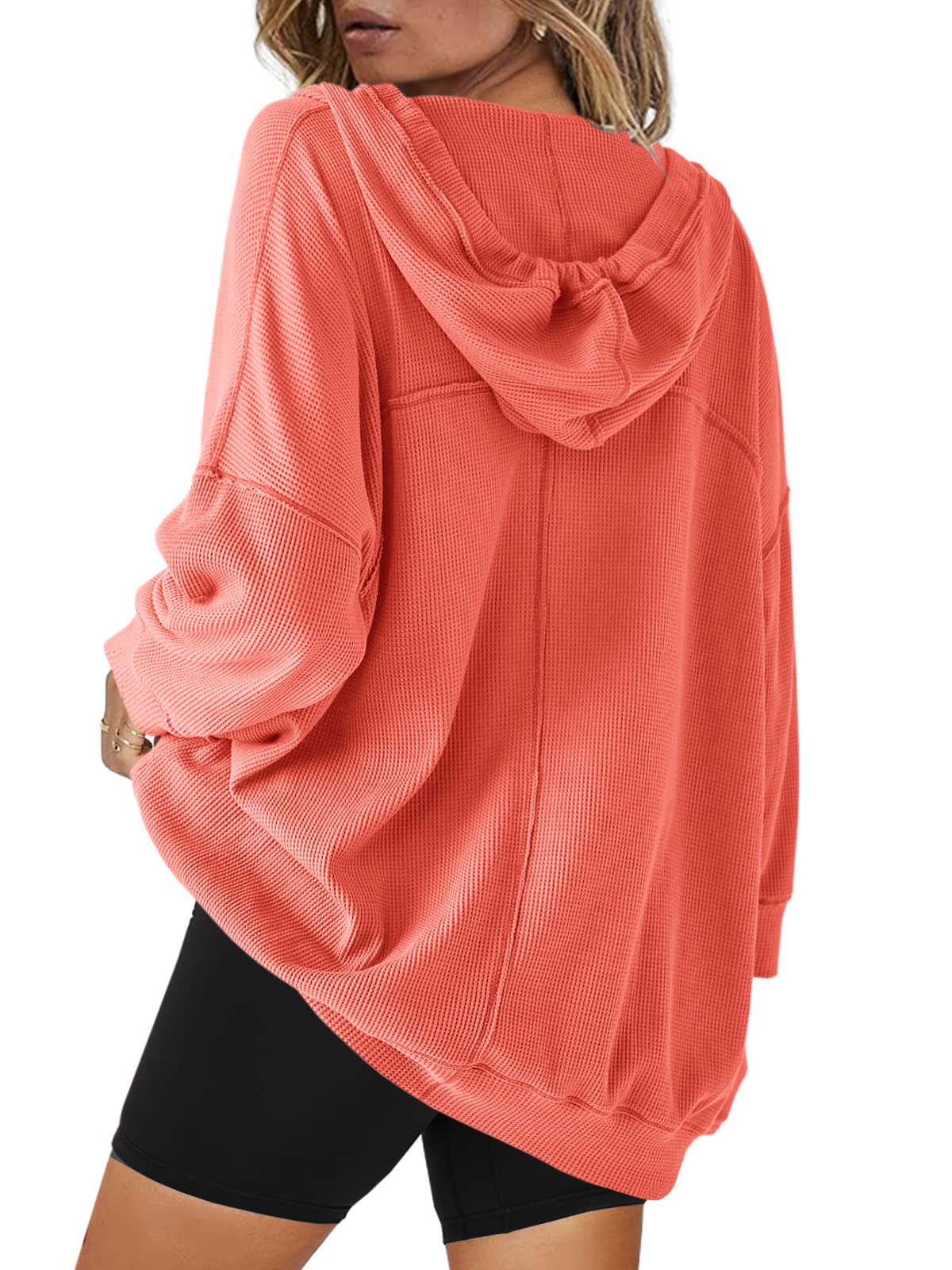 SENSERISE Women's Oversized Hoodie V-Neck Drawstring Long Sleeve Waffle Knit Top - Lightweight Thermal Sweatshirt with Pockets (Melon Red, Small) | Casual Loungewear, Fall Winter Fashion, Cozy Home & Outdoor Wear