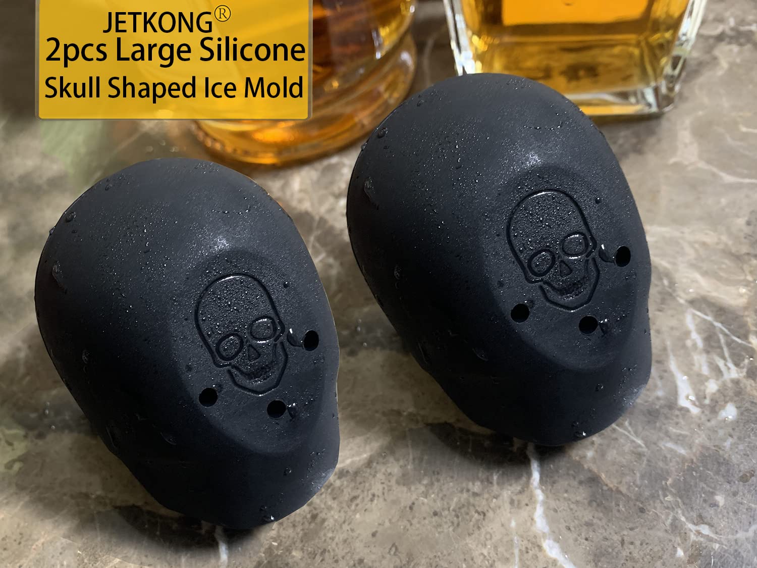 JETKONG 2 Pack Large Skull Ice Mold - Silicone Ice Cube Tray for Whiskey, Cocktails & Beverages - 3D Skull Shaped Ice Maker for Halloween Parties, Themed Drinks & DIY Desserts