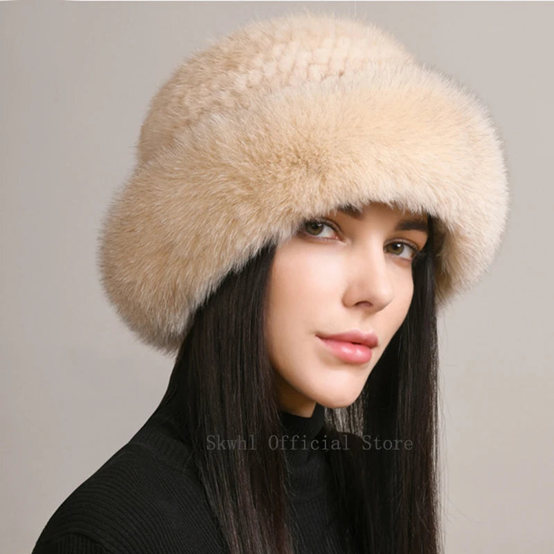 Luxury Handmade Knitted Mink Fur Hat with Real Fox Fur - Women's Winter Fashion Accessory for Cold Weather, Outdoor Activities & Holiday Gifts