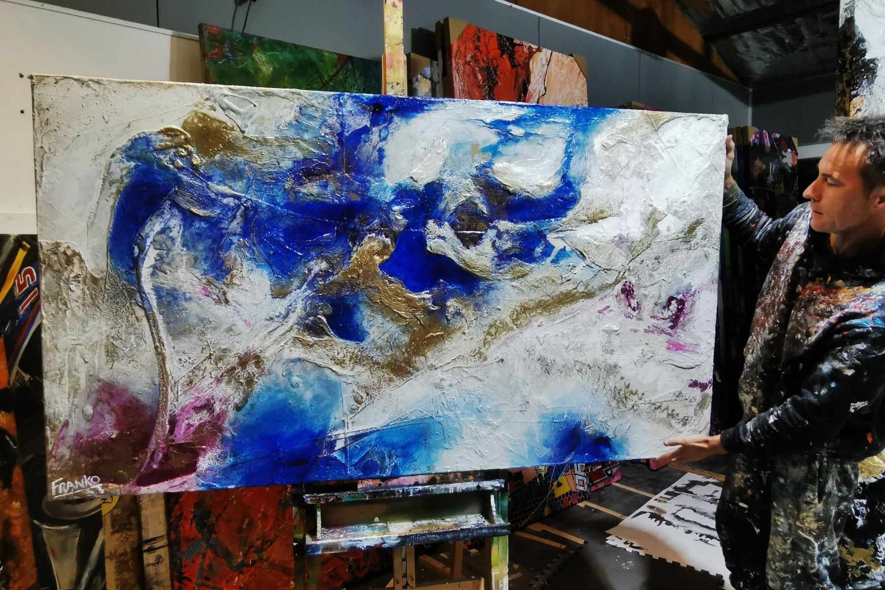 Blue and White Textured Abstract Painting - Sapphire Spritz 180cm x 100cm Canvas Wall Art for Living Room, Bedroom & Office Decor