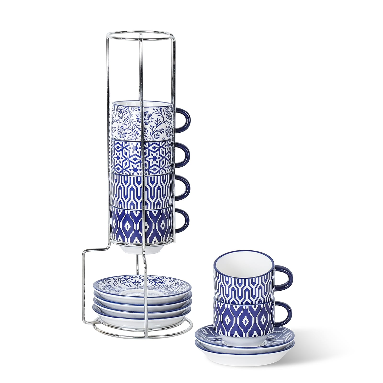 Selamica 6-Piece Vintage Blue Ceramic Espresso Cup Set with Saucers & Metal Stand - 2.5 oz Stackable Demitasse Cups for Latte, Coffee, Café Mocha & Tea - Perfect for Home Coffee Bars, Italian Restaurants & Gift Giving
