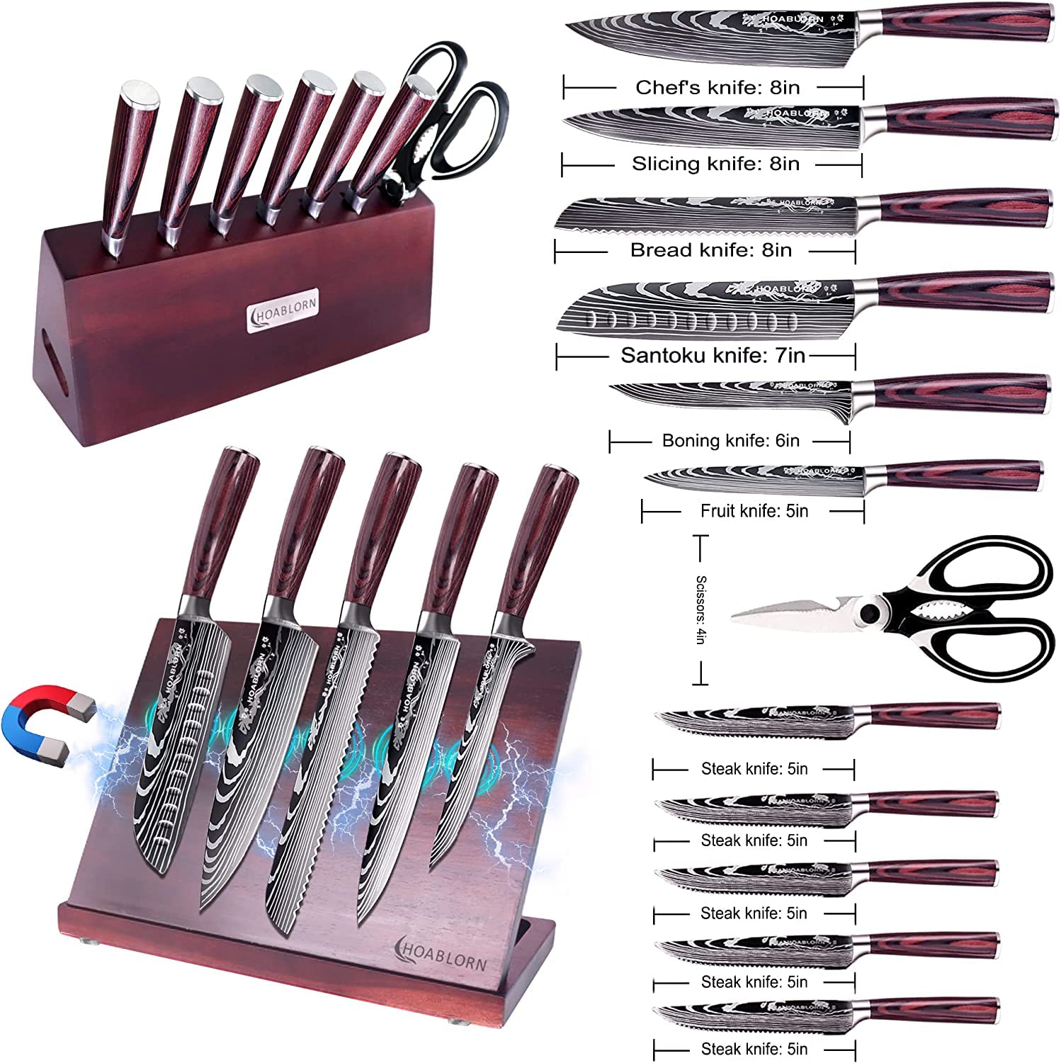 HOABLORN Luxury 19-Piece Magnetic Knife Block Set - Damascus German Stainless Steel Kitchen Knives with Acacia Wood Holder - Perfect for Professional Chefs & Home Cooking Enthusiasts - Ideal for Meal Prep, Slicing, Dicing & Gourmet Cooking