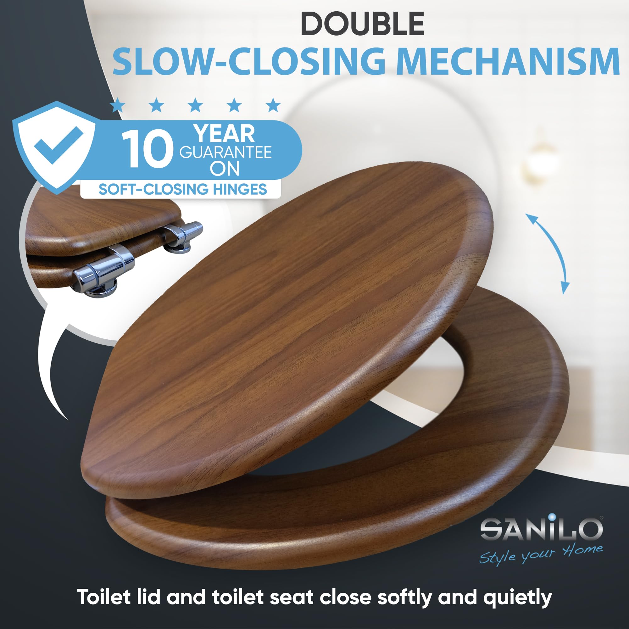 Sanilo Soft Close Toilet Seat ROUND - Quiet Slow Close Lid & Seat with Strong Bumpers & Hinges - Mahogany Wood Bathroom Toilet Seat - Perfect for Home, Hotel, and Office Use