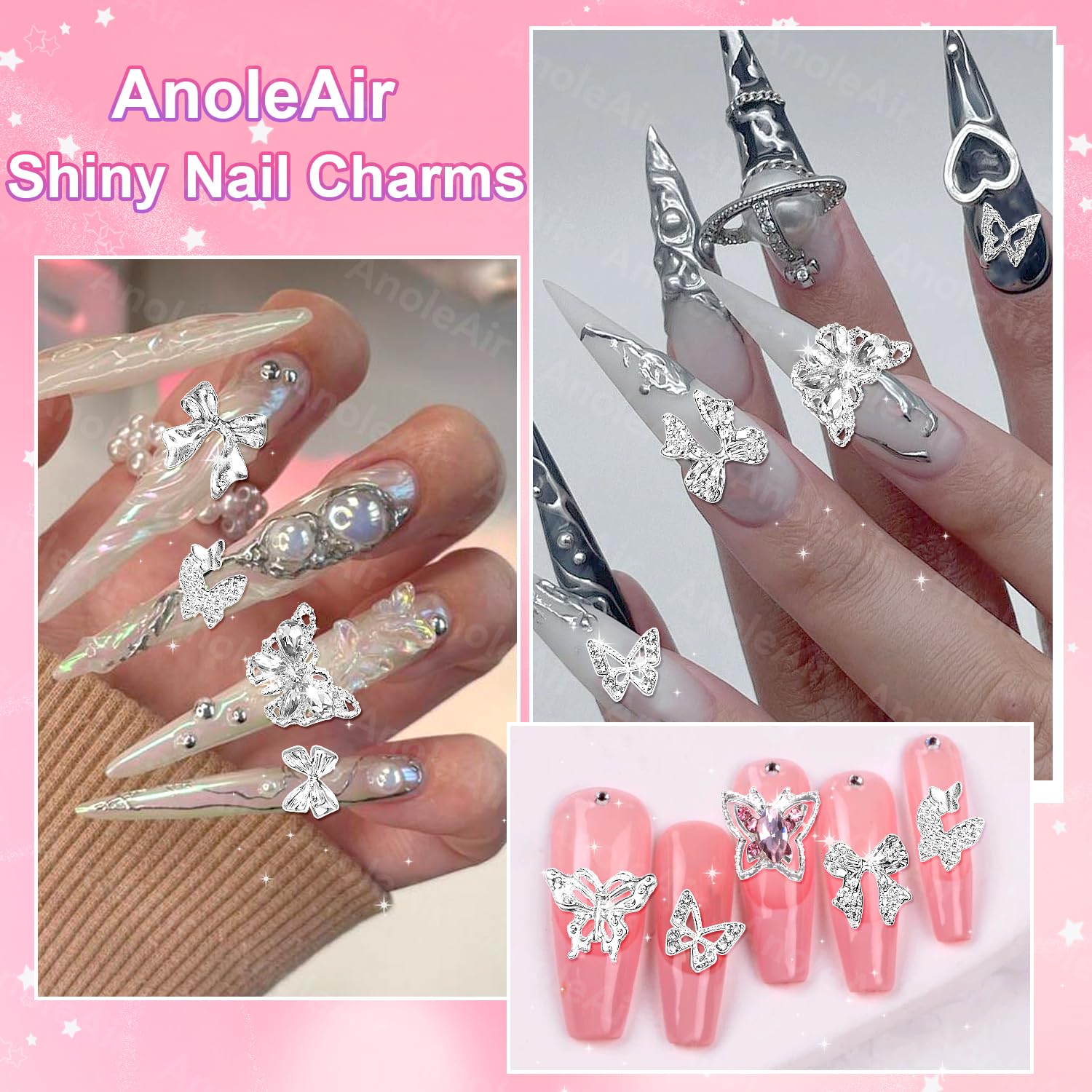 80 Pcs Silver Butterfly Nail Charms & Gems - 3D Pink Butterfly Bowknot Nail Art Decorations, Alloy Silver Nail Bows for Acrylic Nails DIY, Y2K Style Nail Accessories - Perfect for Manicures, Nail Salons & Party Nail Art Designs