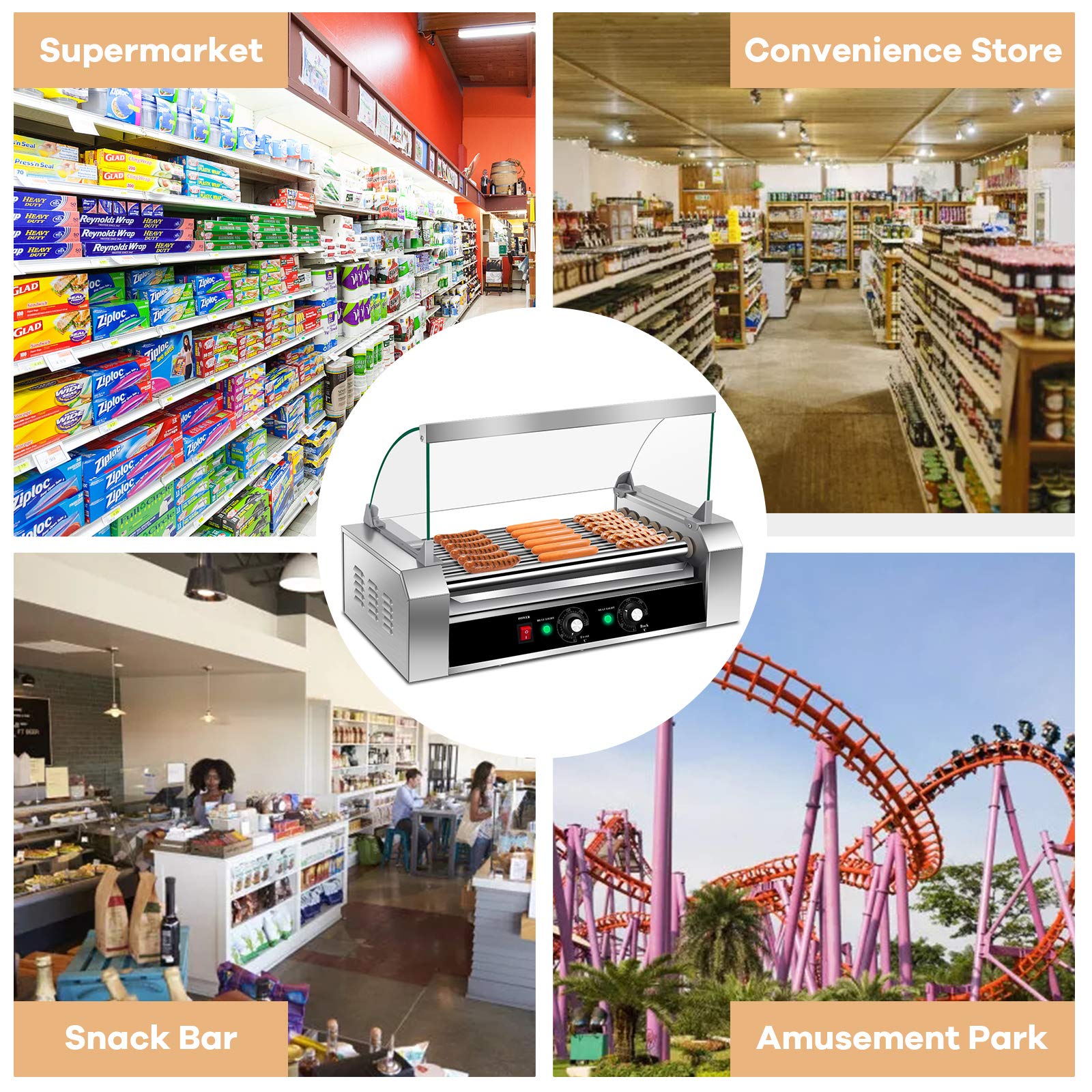 Commercial Electric Hot Dog Roller Machine - 18 Hot Dog Capacity with 7 Non-Stick Rollers, Removable Stainless Steel Drip Tray & Glass Hood Cover - Perfect for Restaurants, Carnivals, Food Trucks and Home BBQ Parties
