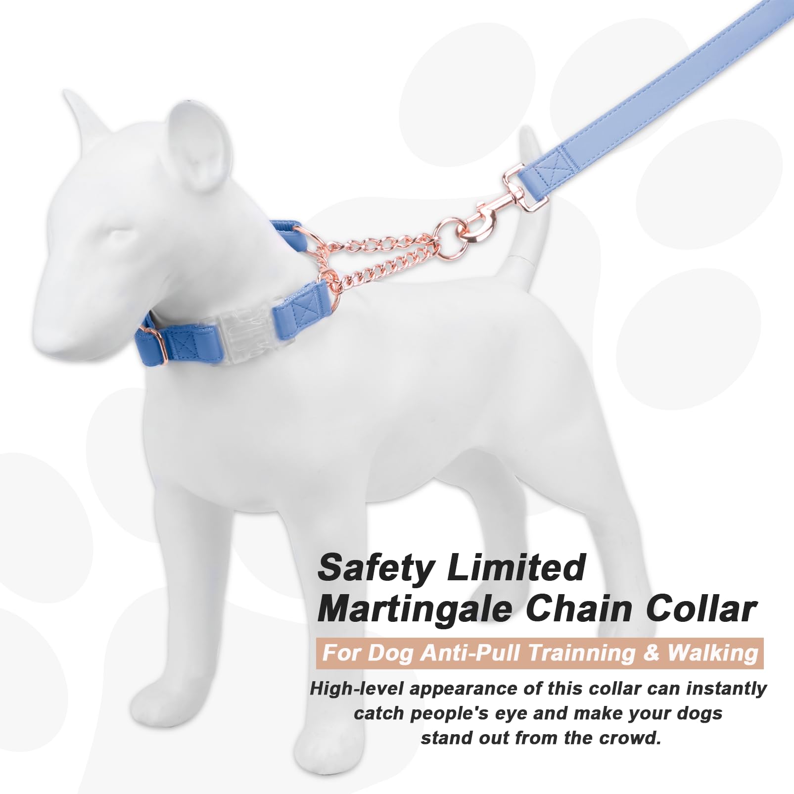 Soft Leather Martingale Dog Collar with Rose Gold Chain - Adjustable No-Pull Training Collar for Small, Medium & Large Dogs (Blue/Purple) | Quick Release Buckle & Limited Slip Design | Perfect for Daily Walks, Training & Fashion Accessory