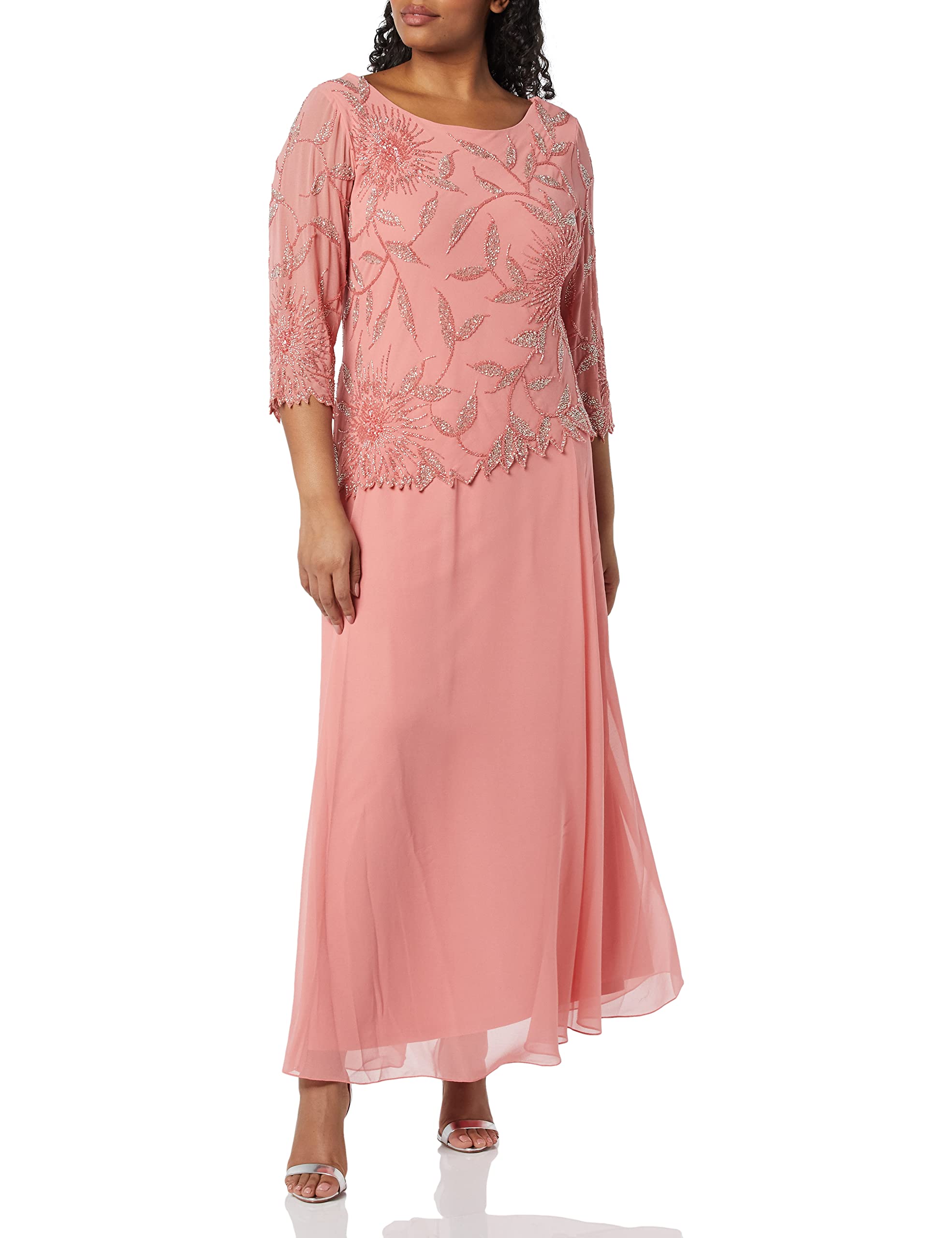 J Kara Women's Plus Size Beaded Scoop Neck 3/4 Sleeve Long Dress for Evening Party, Wedding Guest & Special Occasions