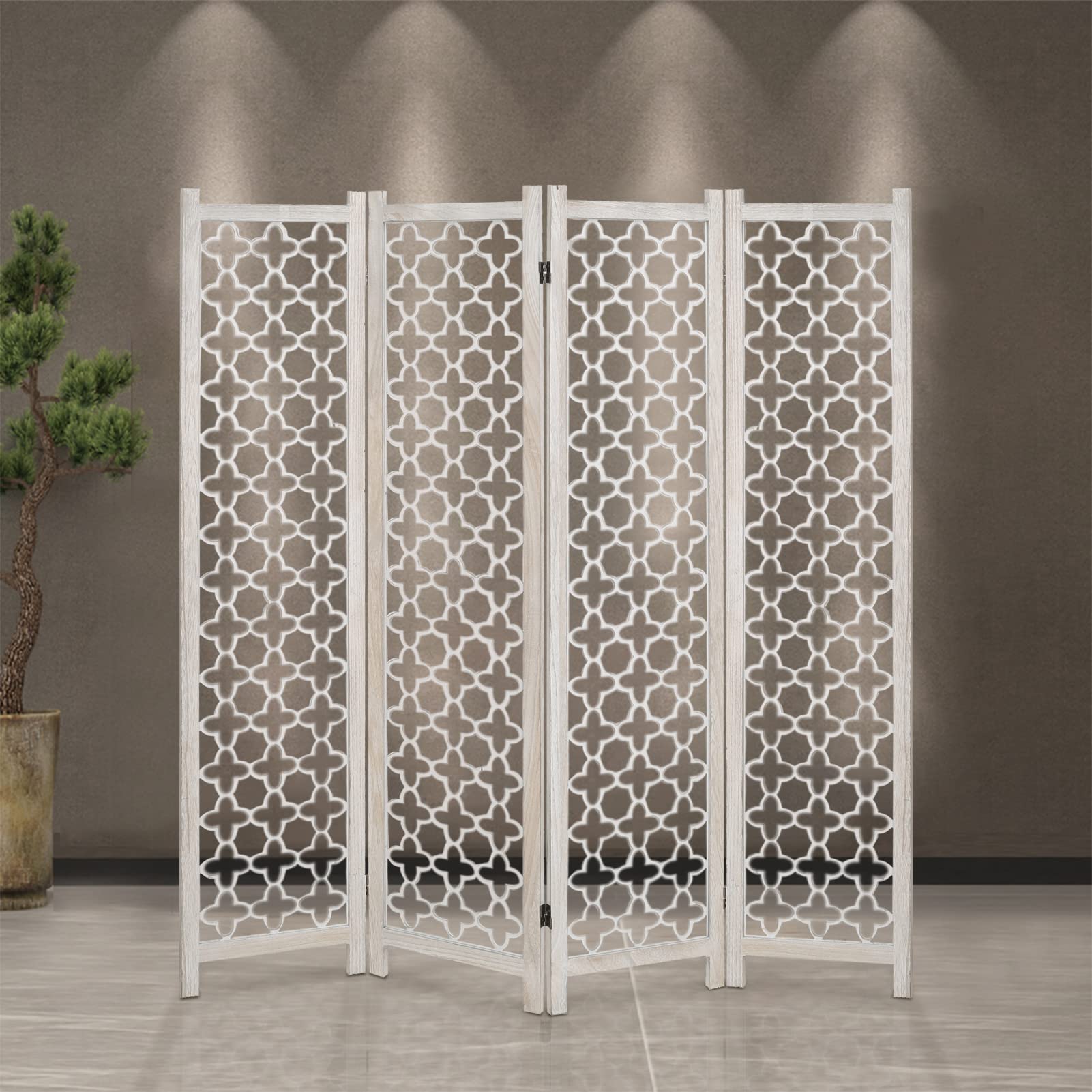 5.6Ft Vintage Room Divider Privacy Screen - 4 Panel Folding Partition with Open Lattice Hollow Design, Eco-Friendly Wooden Home Decor for Living Room, Bedroom & Office Space