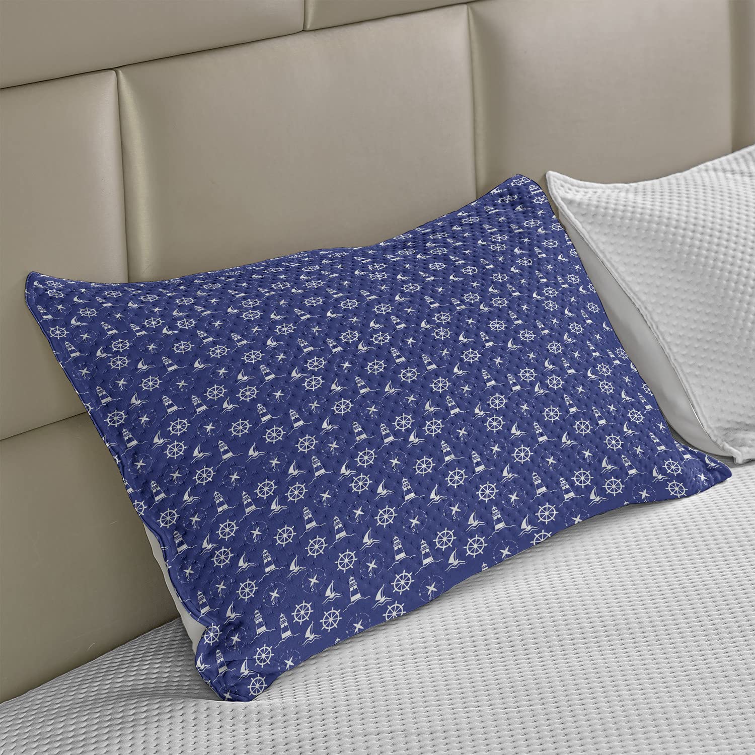Ambesonne 2-Pack Lighthouse Quilted Pillow Covers, Nautical Theme with Marine Silhouettes, Compass, Ships & Steering Wheel - Standard Queen Size 30