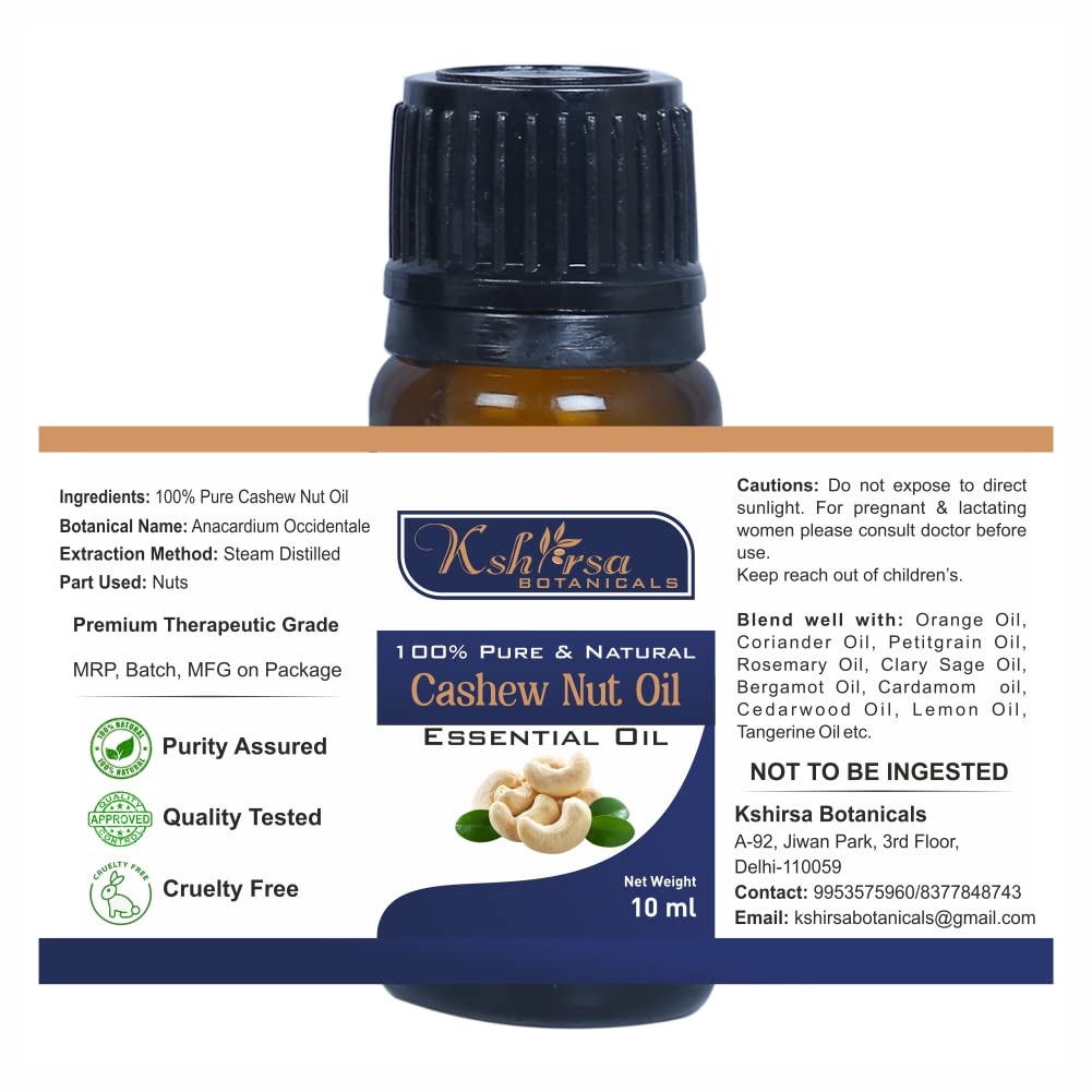 100% Pure & Natural Cashew Nut Oil (Anacardium Occidentale) - 10ml with Euro Dropper for Skin Care, Hair Growth & Aromatherapy | Moisturizes Dry Skin, Strengthens Hair & Promotes Relaxation | Perfect for DIY Beauty Recipes & Massage Therapy