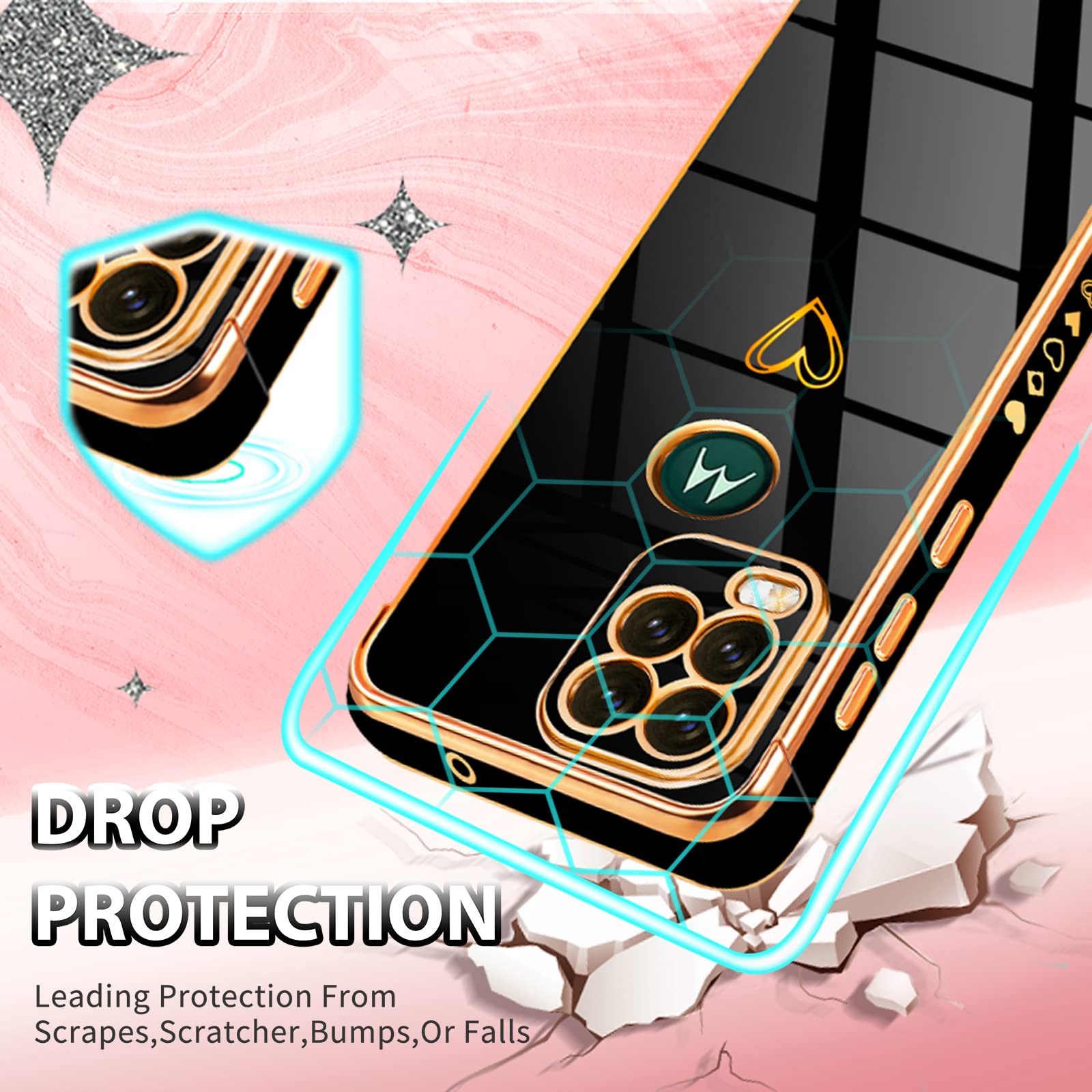 Cute Hearts Pattern Aesthetic Phone Case for Motorola Moto G Stylus 2021 (6.8 Inch) - 3-in-1 Protective Cover with Soft TPU & Anti-Drop Design, Classy Gold Paint - Perfect for Women & Girls (Black) | Great for Everyday Use, Work, School & Travel