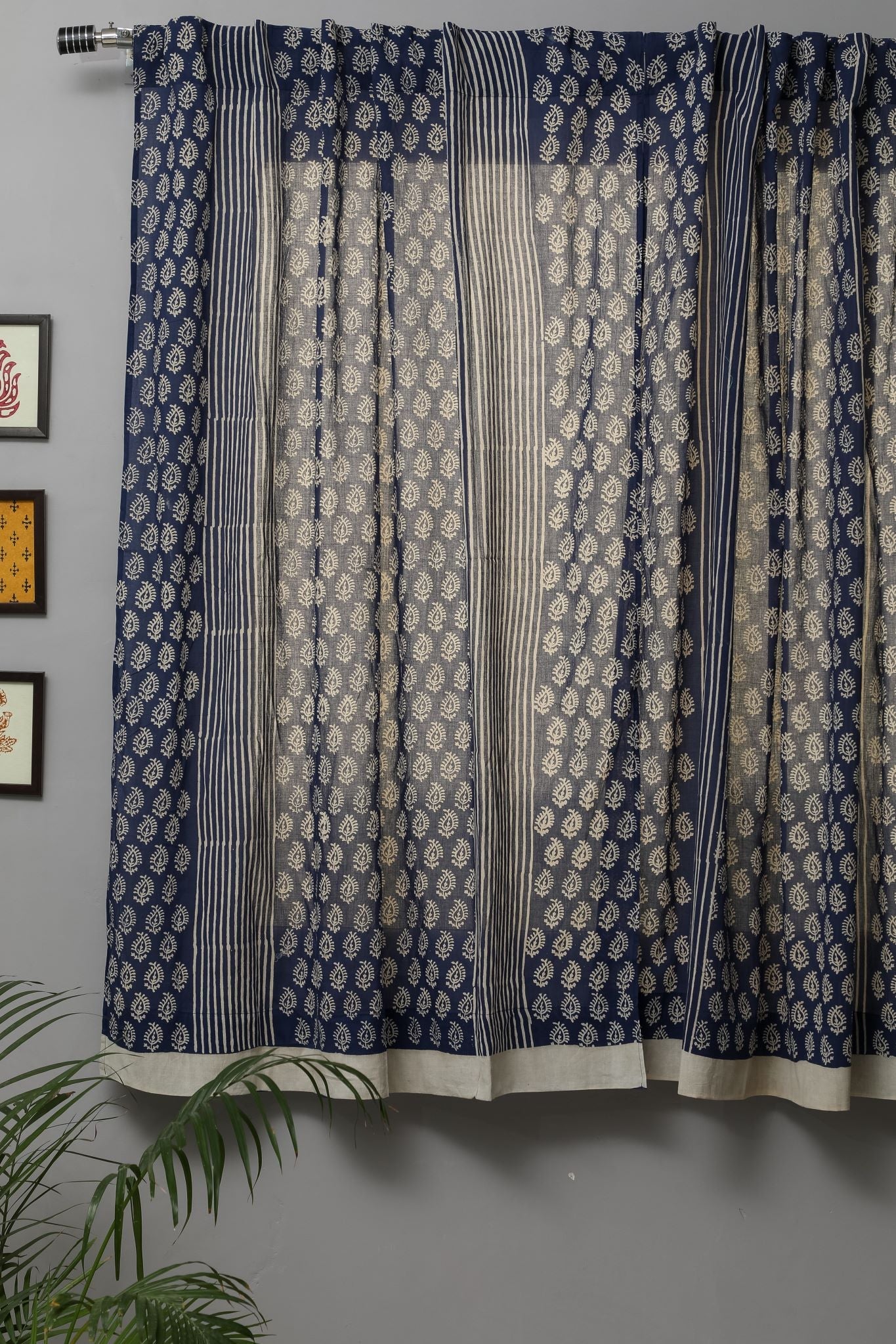 Handblock Printed Cotton Window Curtains - SootiSyahi 'Delphinium' Design | Elegant Home Decor for Living Room & Bedroom
