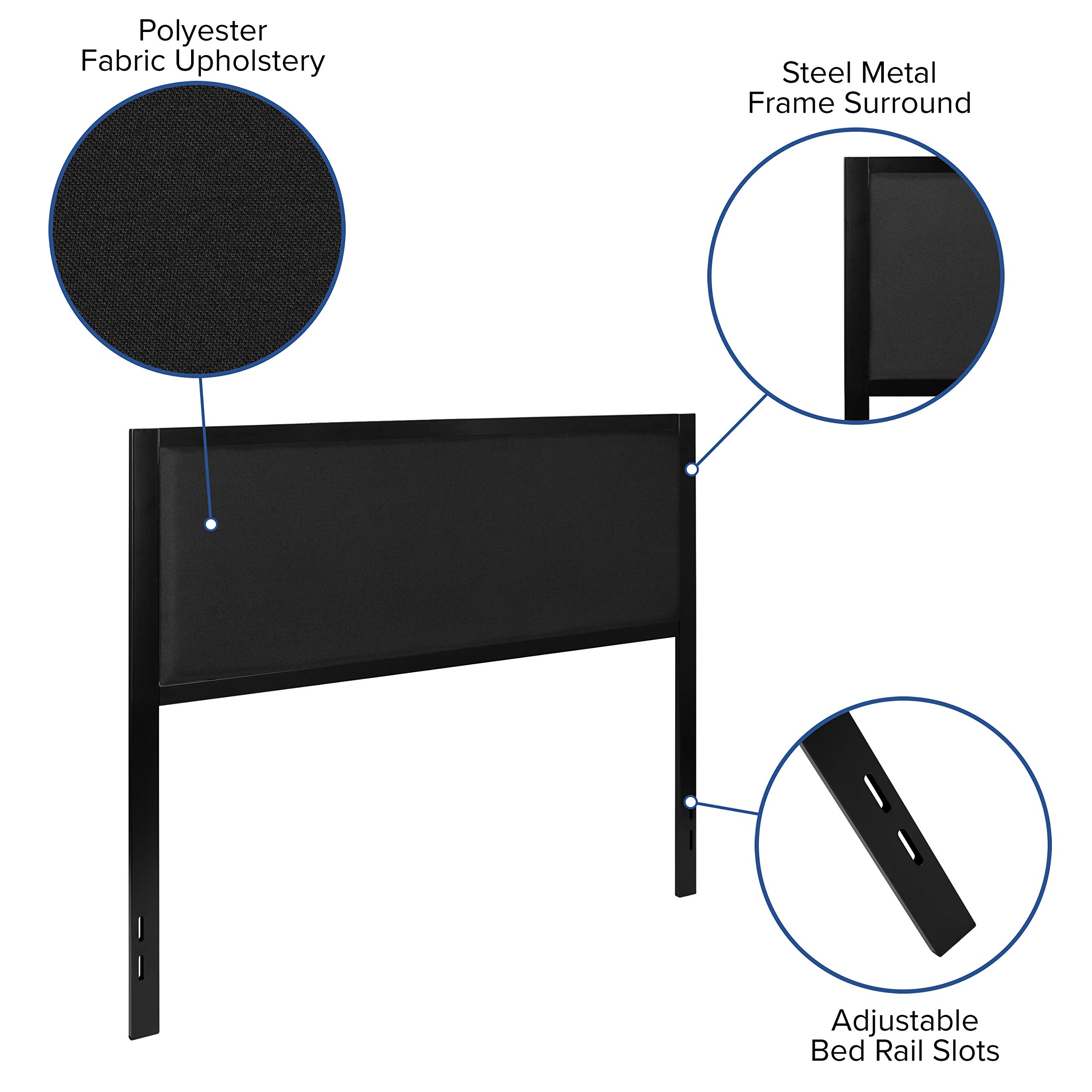 EMMA + OLIVER Queen Size Upholstered Fabric Headboard with Metal Frame - Black Bed Headboard for Master Bedroom, Attaches to Standard Bed Frames - Perfect for Modern & Contemporary Bedroom Decor